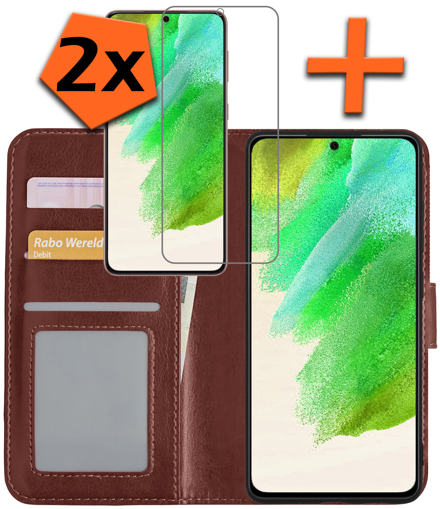 Nomfy Hoesje Geschikt voor Samsung S21 FE Hoes Bookcase Flipcase Book Cover Met 2x Screenprotector - Hoes Geschikt voor Samsung Galaxy S21 FE Hoesje Book Case - Bruin