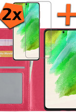 Nomfy Hoesje Geschikt voor Samsung S21 FE Hoes Bookcase Flipcase Book Cover Met 2x Screenprotector - Hoes Geschikt voor Samsung Galaxy S21 FE Hoesje Book Case - Donkerroze