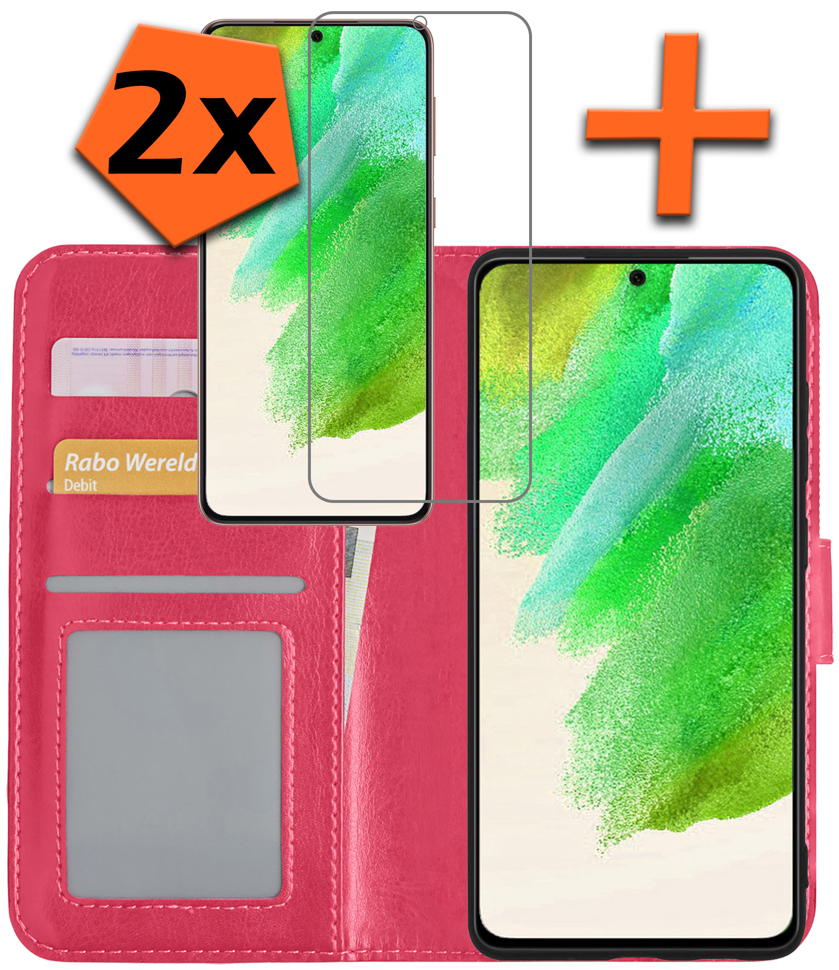 Nomfy Hoesje Geschikt voor Samsung S21 FE Hoes Bookcase Flipcase Book Cover Met 2x Screenprotector - Hoes Geschikt voor Samsung Galaxy S21 FE Hoesje Book Case - Donkerroze