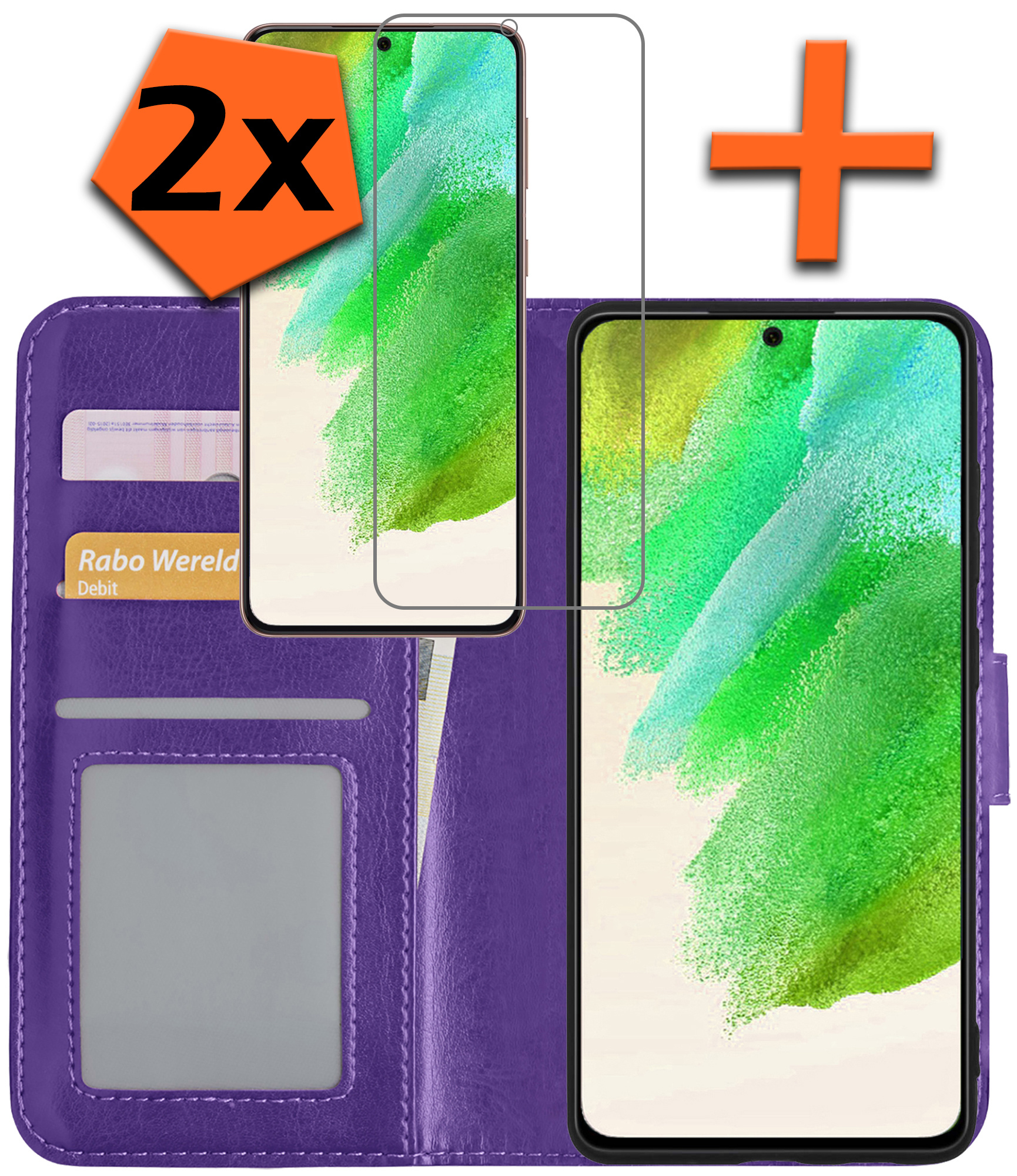 Nomfy Hoesje Geschikt voor Samsung S21 FE Hoes Bookcase Flipcase Book Cover Met 2x Screenprotector - Hoes Geschikt voor Samsung Galaxy S21 FE Hoesje Book Case - Paars