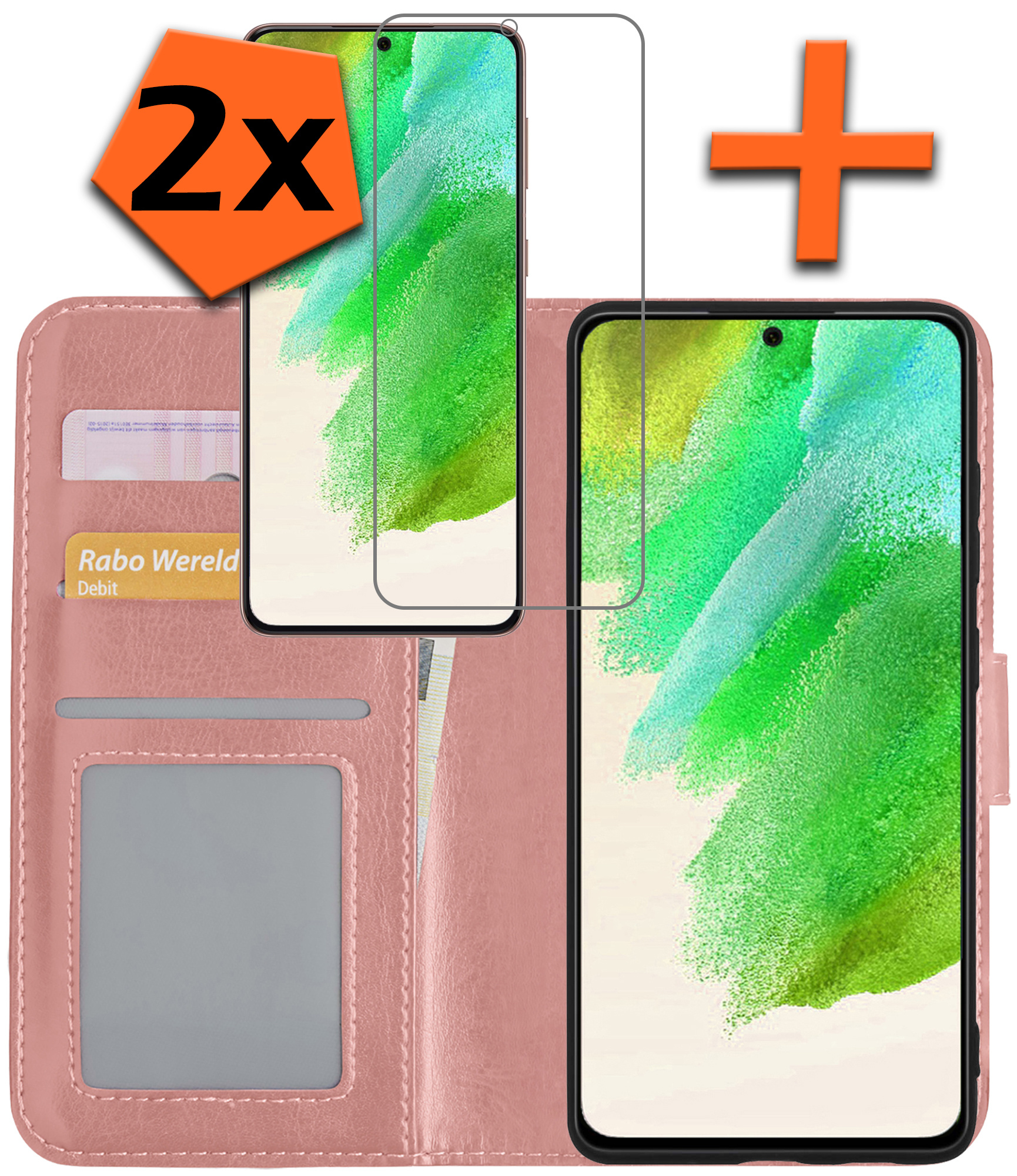 Nomfy Hoesje Geschikt voor Samsung S21 FE Hoes Bookcase Flipcase Book Cover Met 2x Screenprotector - Hoes Geschikt voor Samsung Galaxy S21 FE Hoesje Book Case - Rosé goud