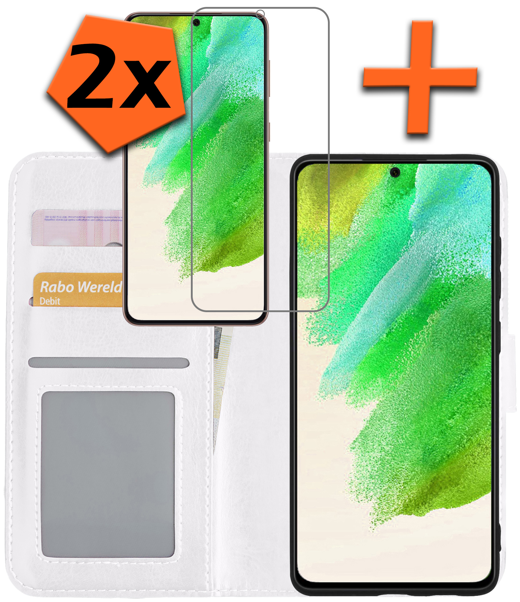 Nomfy Hoesje Geschikt voor Samsung S21 FE Hoes Bookcase Flipcase Book Cover Met 2x Screenprotector - Hoes Geschikt voor Samsung Galaxy S21 FE Hoesje Book Case - Wit