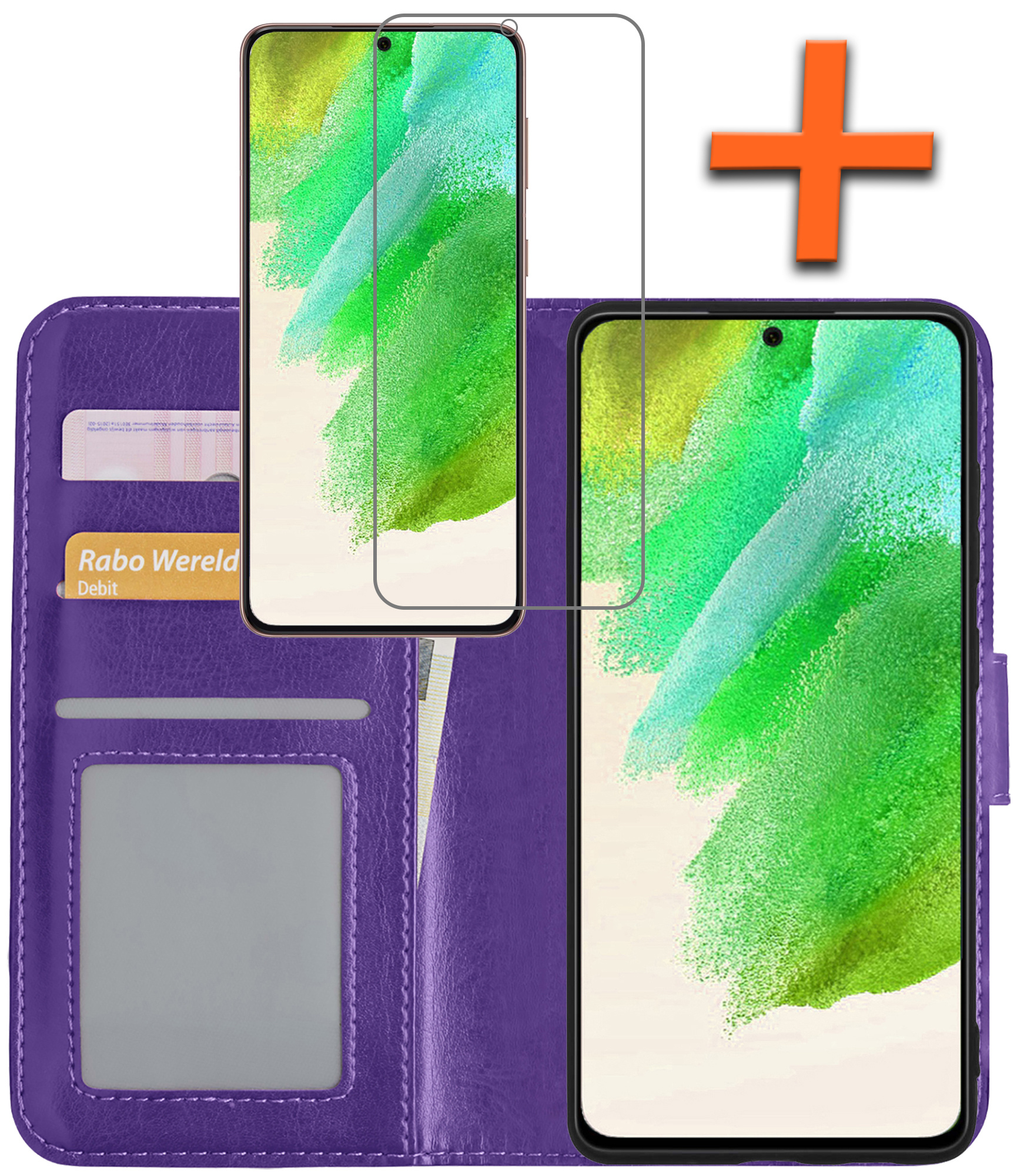 Nomfy Hoesje Geschikt voor Samsung S21 FE Hoes Bookcase Flipcase Book Cover Met Screenprotector - Hoes Geschikt voor Samsung Galaxy S21 FE Hoesje Book Case - Paars