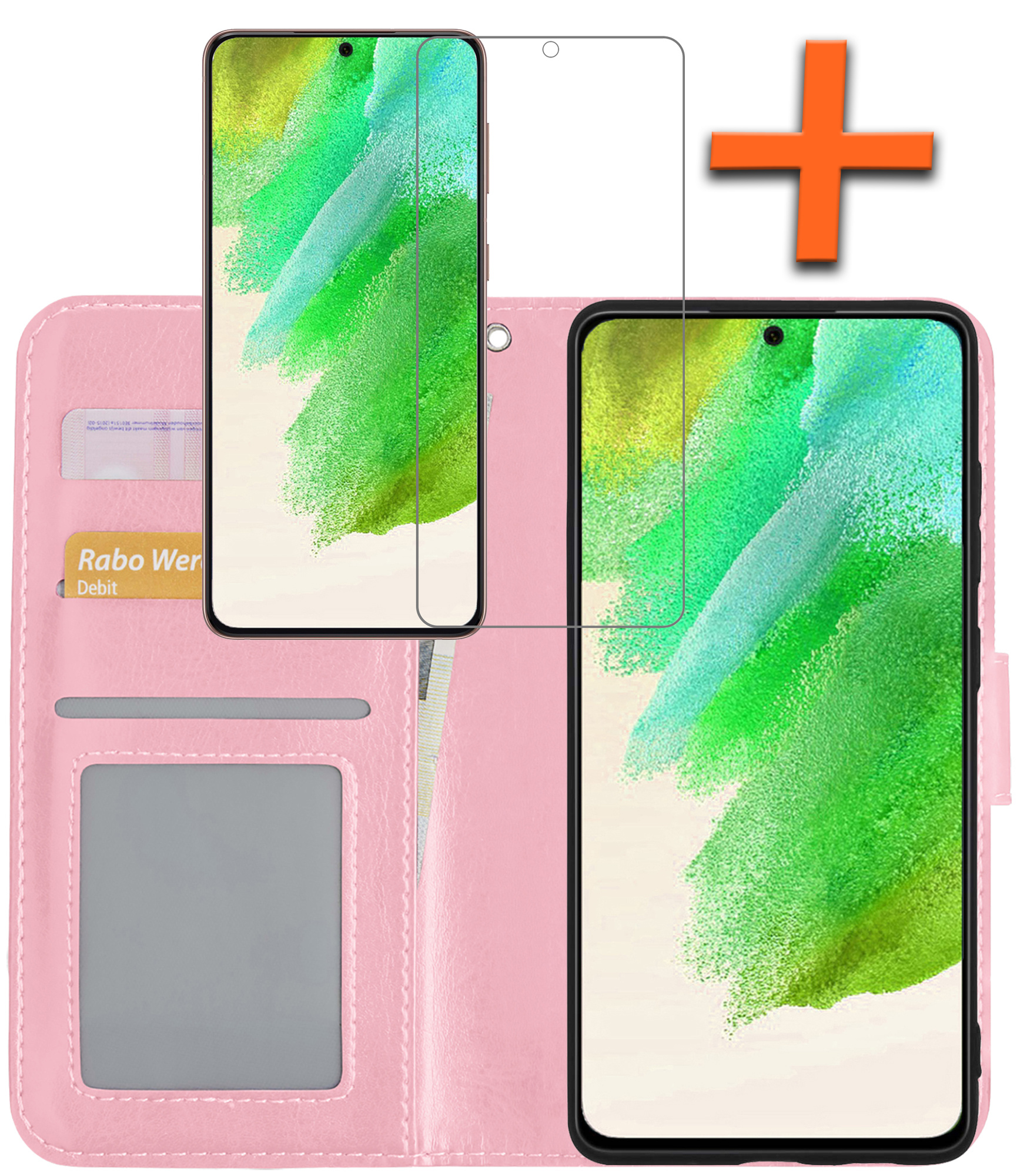 Nomfy Hoesje Geschikt voor Samsung S21 FE Hoes Bookcase Flipcase Book Cover Met Screenprotector - Hoes Geschikt voor Samsung Galaxy S21 FE Hoesje Book Case - Lichtroze