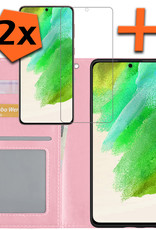 Nomfy Hoesje Geschikt voor Samsung S21 FE Hoes Bookcase Flipcase Book Cover Met 2x Screenprotector - Hoes Geschikt voor Samsung Galaxy S21 FE Hoesje Book Case - Lichtroze