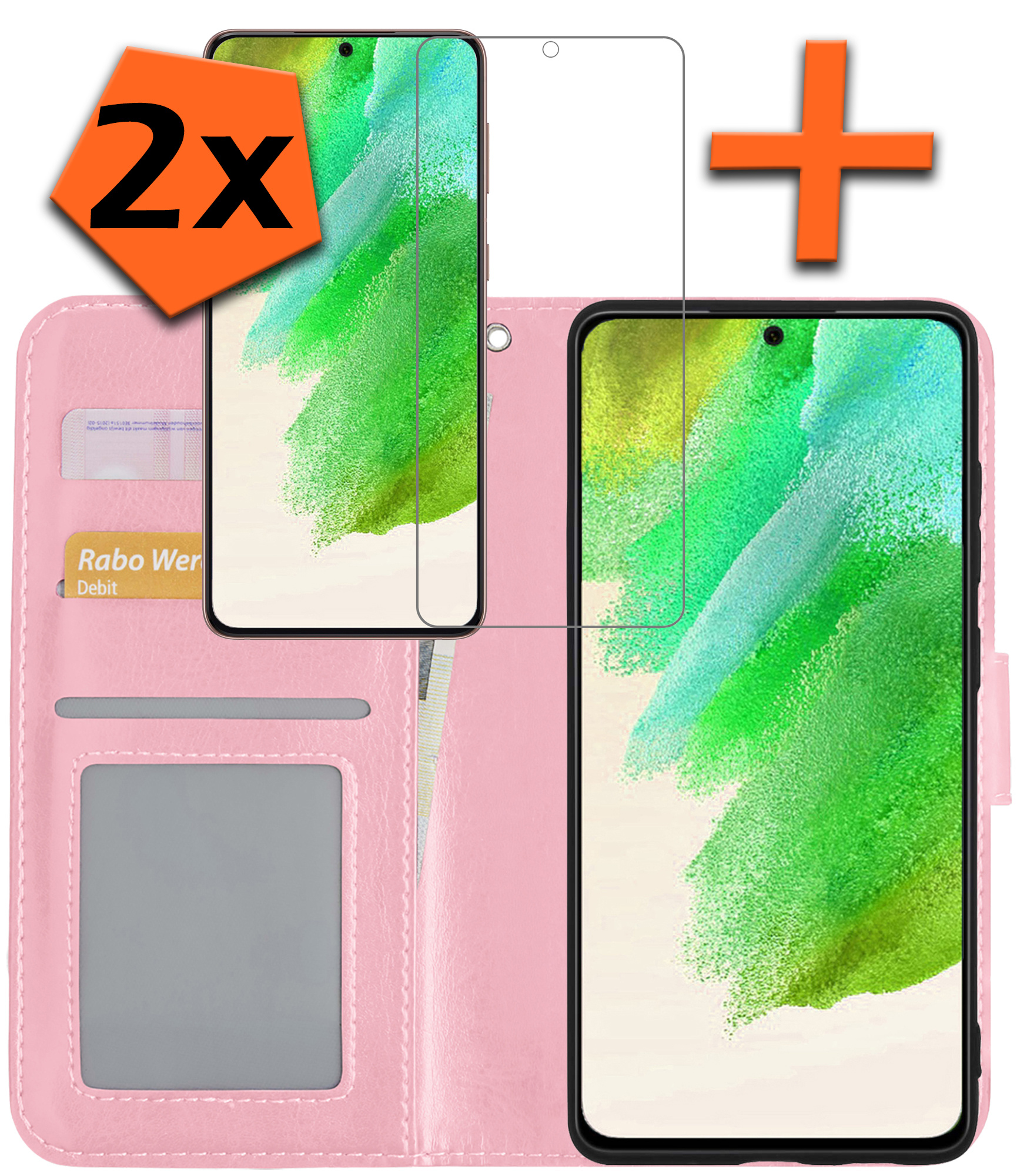 Nomfy Hoesje Geschikt voor Samsung S21 FE Hoes Bookcase Flipcase Book Cover Met 2x Screenprotector - Hoes Geschikt voor Samsung Galaxy S21 FE Hoesje Book Case - Lichtroze