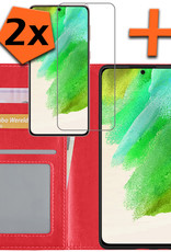 Nomfy Hoesje Geschikt voor Samsung S21 FE Hoes Bookcase Flipcase Book Cover Met 2x Screenprotector - Hoes Geschikt voor Samsung Galaxy S21 FE Hoesje Book Case - Rood