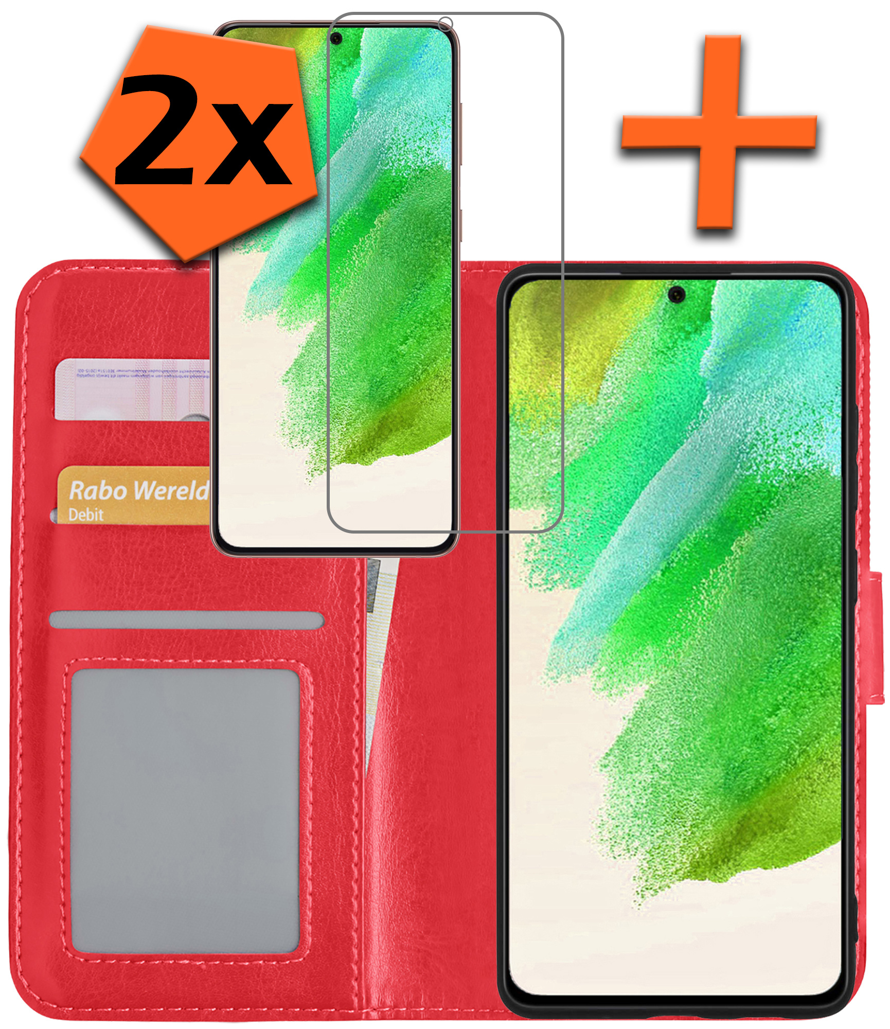 Nomfy Hoesje Geschikt voor Samsung S21 FE Hoes Bookcase Flipcase Book Cover Met 2x Screenprotector - Hoes Geschikt voor Samsung Galaxy S21 FE Hoesje Book Case - Rood