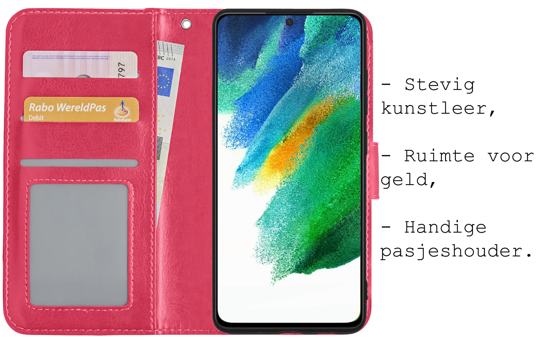 BASEY. Hoes Geschikt voor Samsung S21 FE Hoesje Bookcase Hoes Flip Case Book Cover Met 2x Screenprotector - Hoesje Geschikt voor Samsung Galaxy S21 FE Hoes Book Case Hoesje - Donkerroze