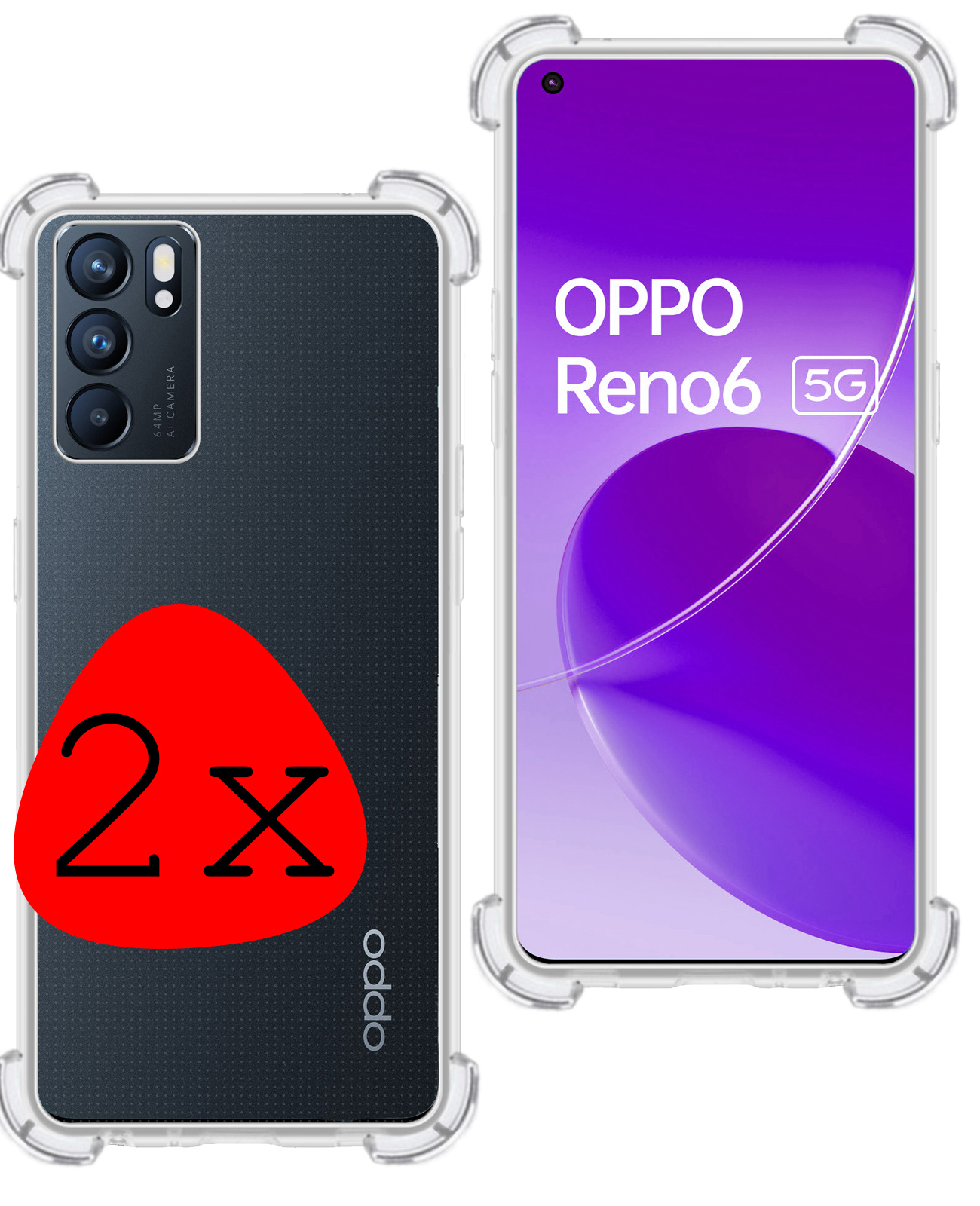 BASEY. Hoes Geschikt voor OPPO Reno 6 Hoesje Shock Proof Case Hoes Siliconen - Hoesje Geschikt voor OPPO Reno 6 Hoes Cover Shockproof - Transparant - 2 Stuks