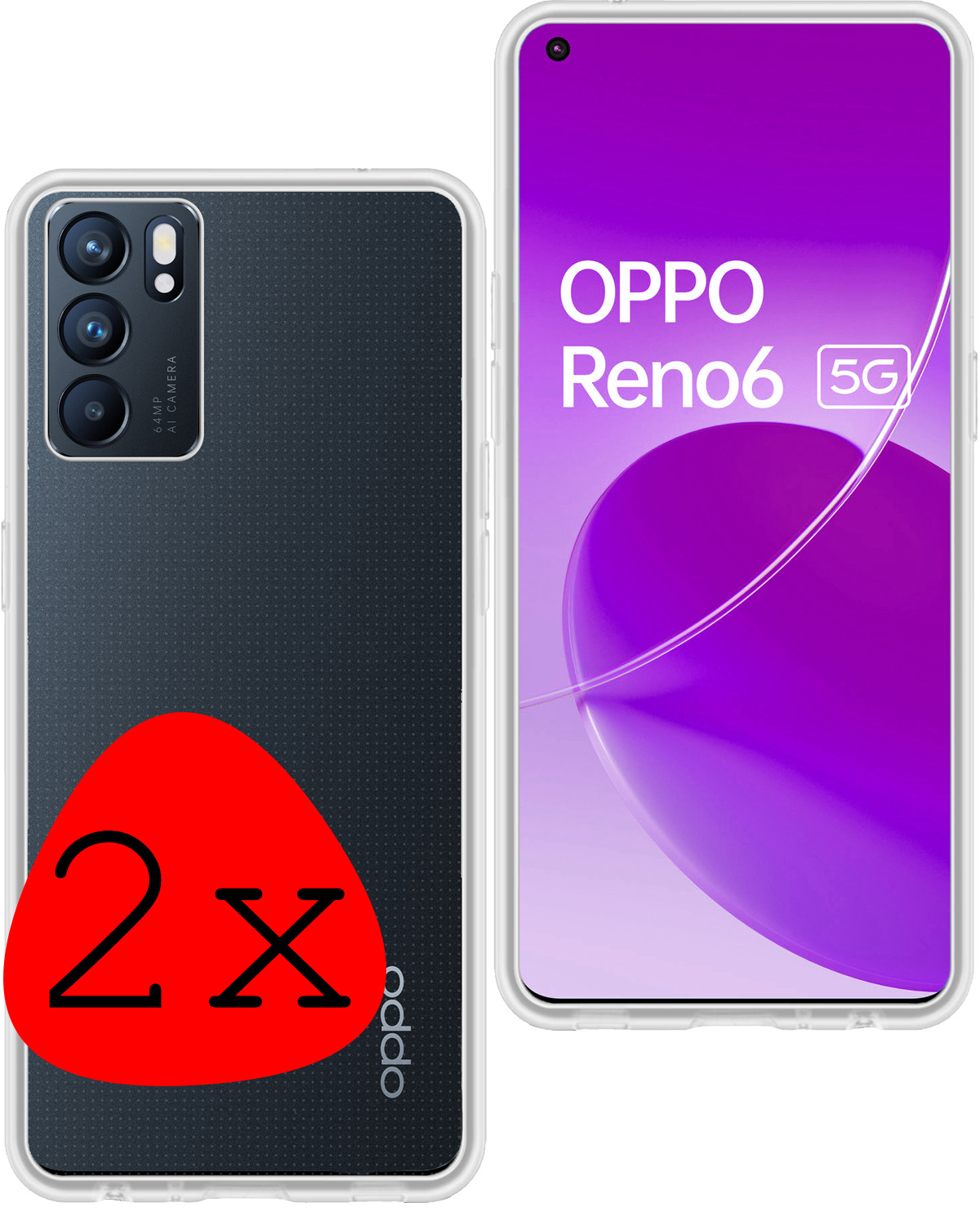 BASEY. Hoes Geschikt voor OPPO Reno 6 Hoesje Siliconen Back Cover Case - Hoesje Geschikt voor OPPO Reno 6 Hoes Cover Hoesje - Transparant - 2 Stuks