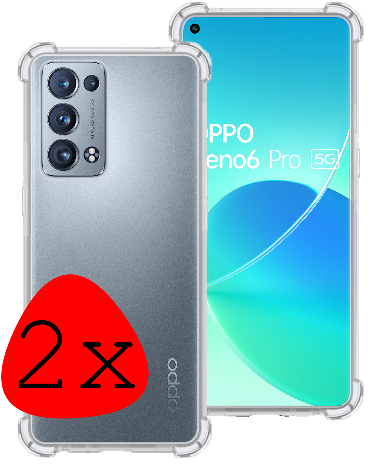 BASEY. Hoes Geschikt voor OPPO Reno 6 Pro Hoesje Shock Proof Case Hoes Siliconen - Hoesje Geschikt voor OPPO Reno 6 Pro Hoes Cover Shockproof - Transparant - 2 Stuks