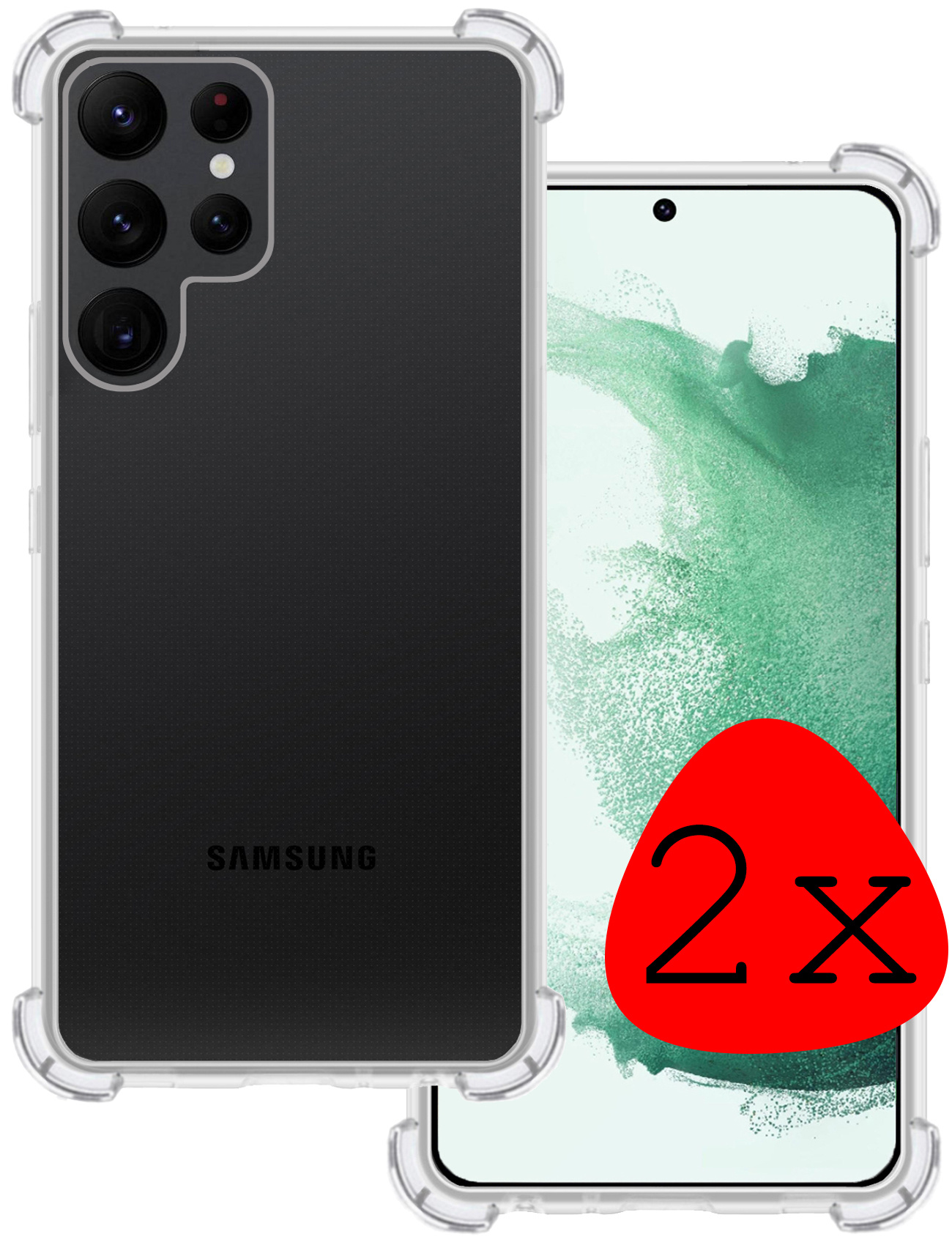 BASEY. Hoes Geschikt voor Samsung S22 Ultra Hoesje Shock Proof Case Hoes Siliconen - Hoesje Geschikt voor Samsung Galaxy S22 Ultra Hoes Cover Shockproof - Transparant - 2 Stuks