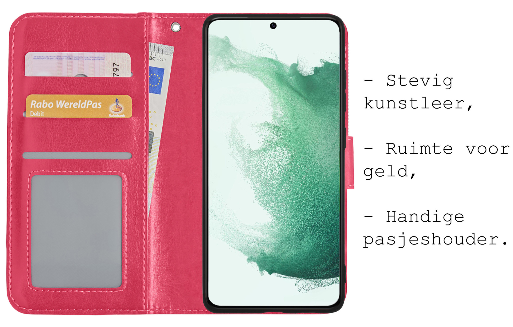 BASEY. Hoes Geschikt voor Samsung S22 Hoesje Bookcase Hoes Flip Case Book Cover - Hoesje Geschikt voor Samsung Galaxy S22 Hoes Book Case Hoesje - Donkerroze