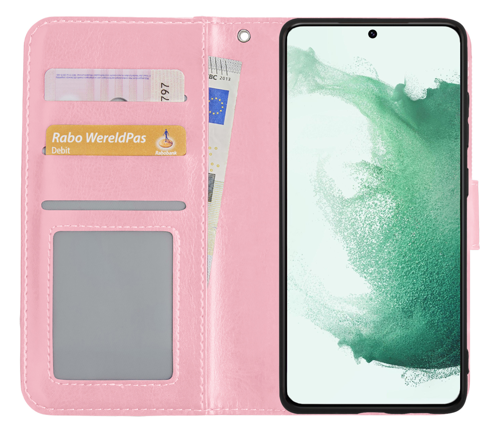 BASEY. Hoes Geschikt voor Samsung S22 Hoesje Bookcase Hoes Flip Case Book Cover - Hoesje Geschikt voor Samsung Galaxy S22 Hoes Book Case Hoesje - Lichtroze