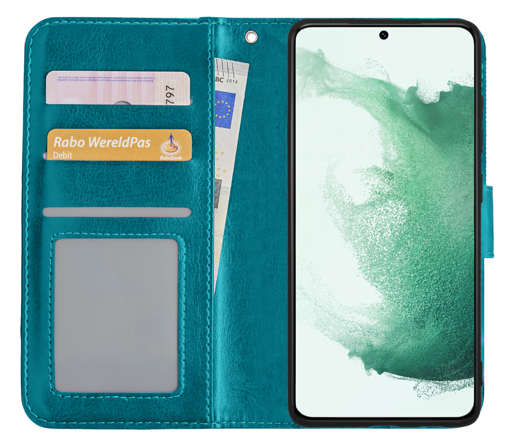 BASEY. Hoes Geschikt voor Samsung S22 Hoesje Bookcase Hoes Flip Case Book Cover - Hoesje Geschikt voor Samsung Galaxy S22 Hoes Book Case Hoesje - Turquoise