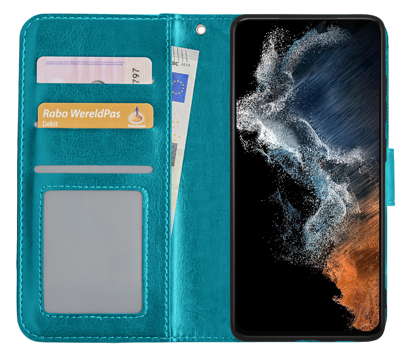 NoXx Hoes Geschikt voor Samsung S22 Hoesje Book Case Hoes Flip Cover Wallet Bookcase - Turquoise