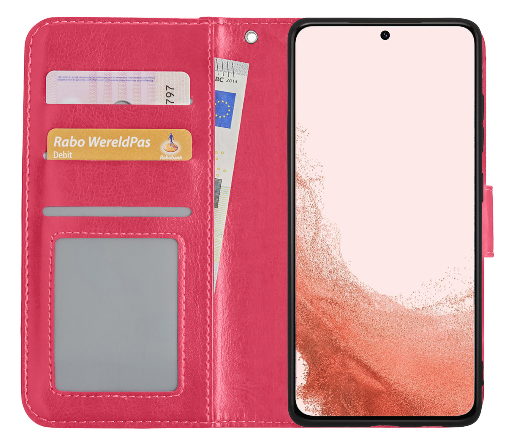 Nomfy Hoesje Geschikt voor Samsung S22 Hoes Bookcase Flipcase Book Cover - Hoes Geschikt voor Samsung Galaxy S22 Hoesje Book Case - Donkerroze