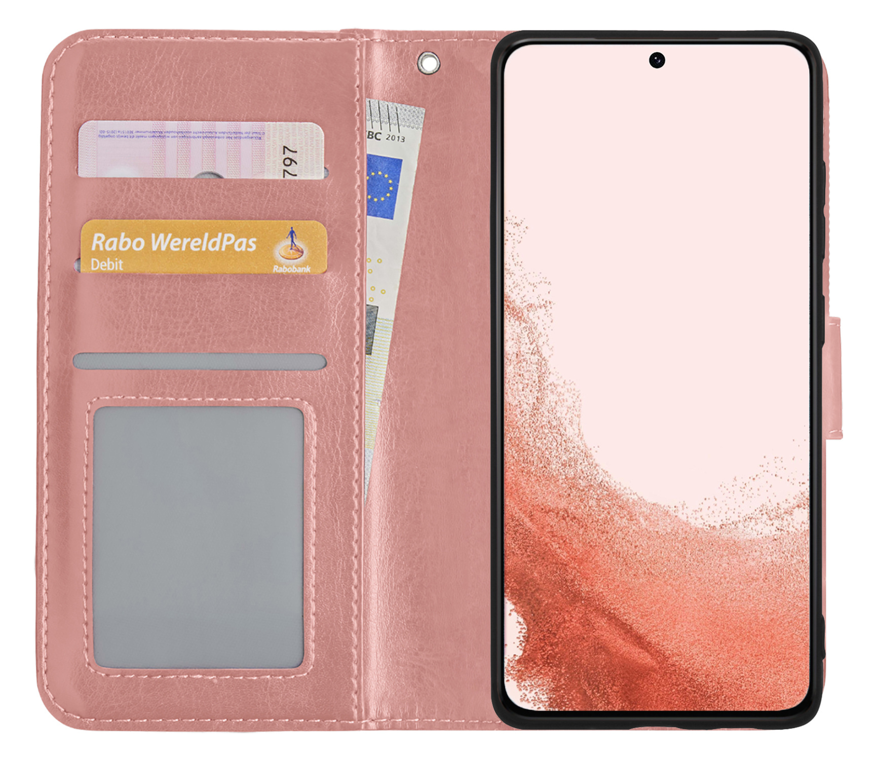 Nomfy Hoesje Geschikt voor Samsung S22 Hoes Bookcase Flipcase Book Cover - Hoes Geschikt voor Samsung Galaxy S22 Hoesje Book Case - Rosé goud