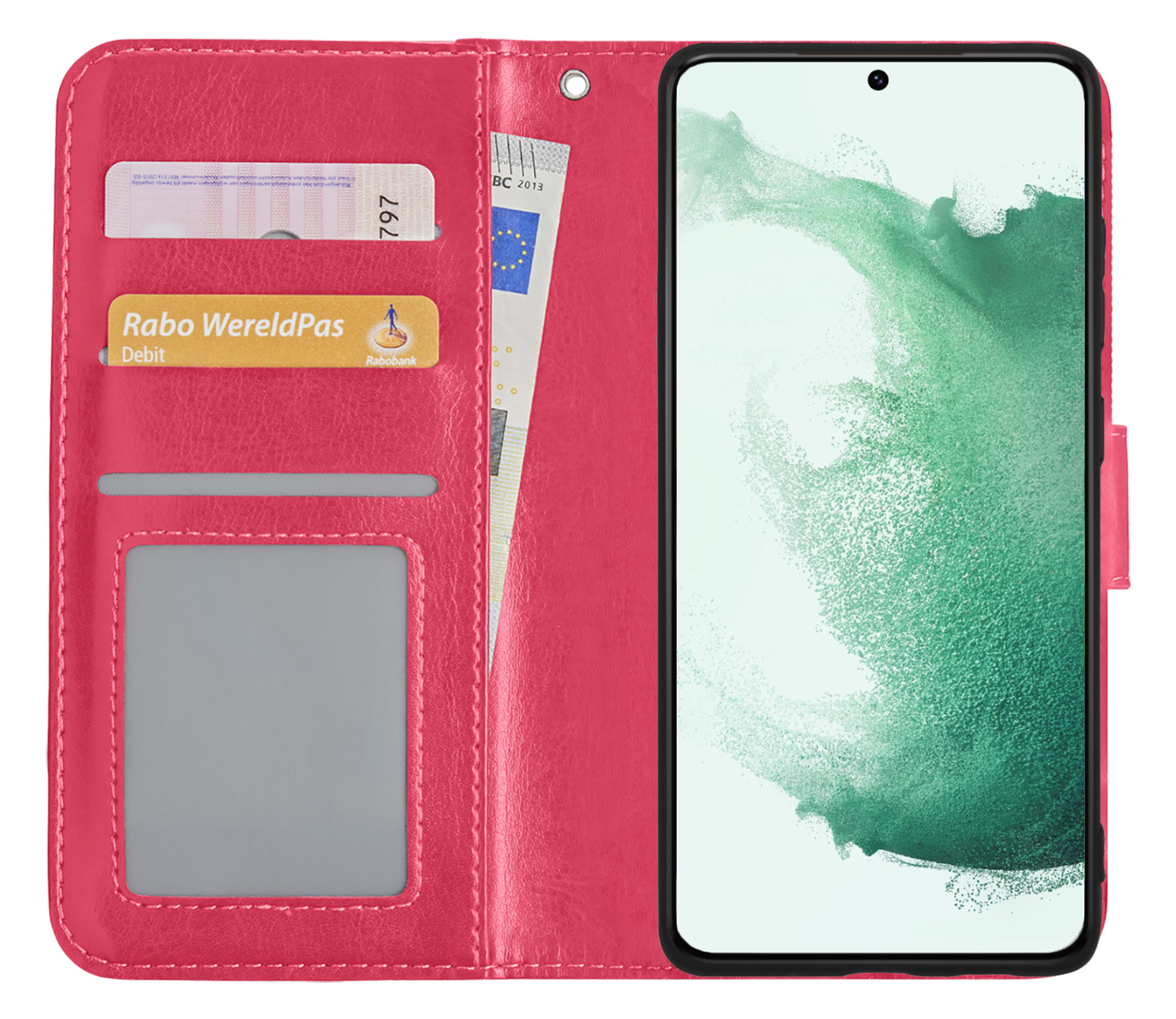 BASEY. Hoes Geschikt voor Samsung S22 Plus Hoesje Bookcase Hoes Flip Case Book Cover - Hoesje Geschikt voor Samsung Galaxy S22 Plus Hoes Book Case Hoesje - Donkerroze