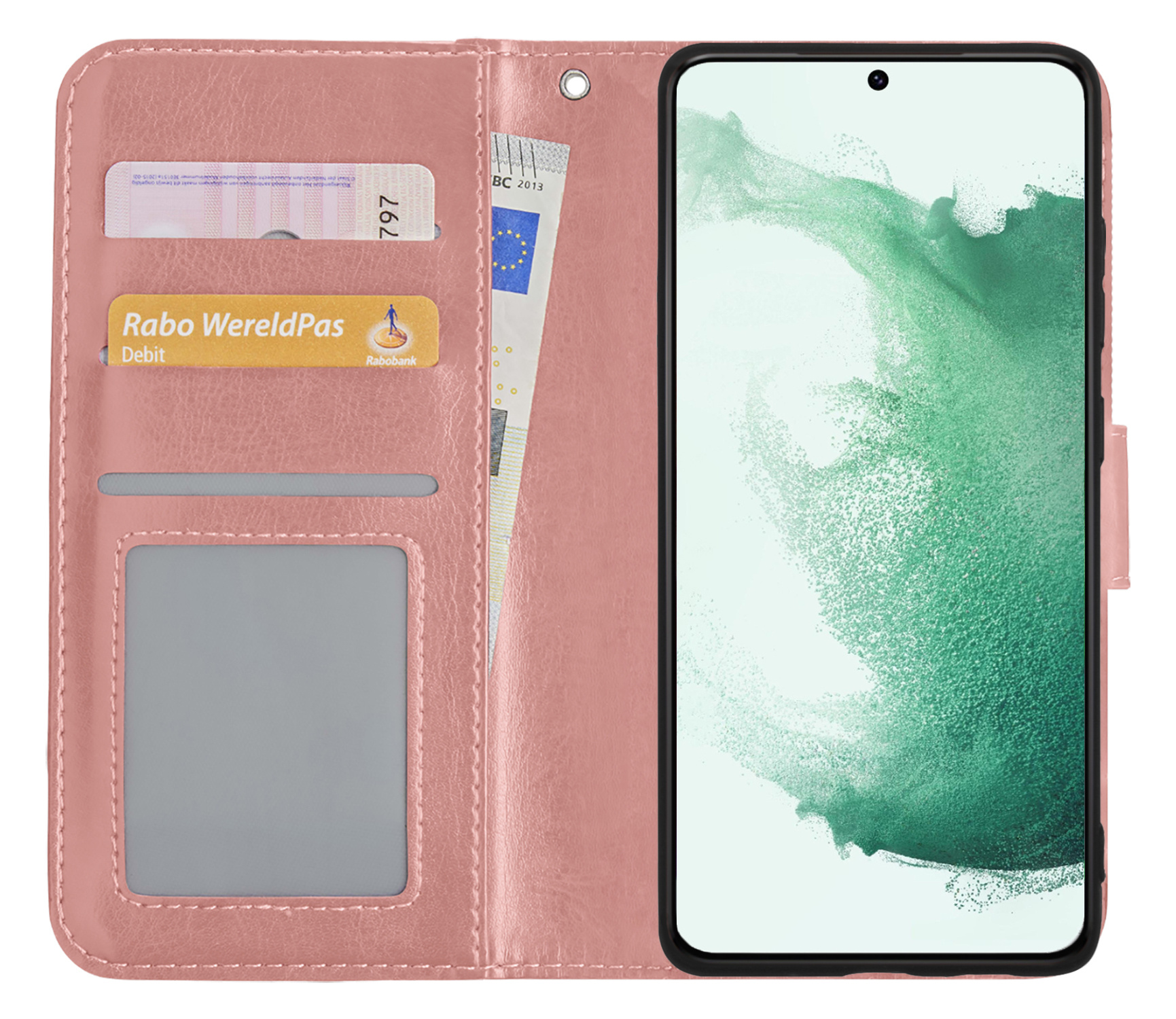 BASEY. Hoes Geschikt voor Samsung S22 Plus Hoesje Bookcase Hoes Flip Case Book Cover - Hoesje Geschikt voor Samsung Galaxy S22 Plus Hoes Book Case Hoesje - Rosé goud
