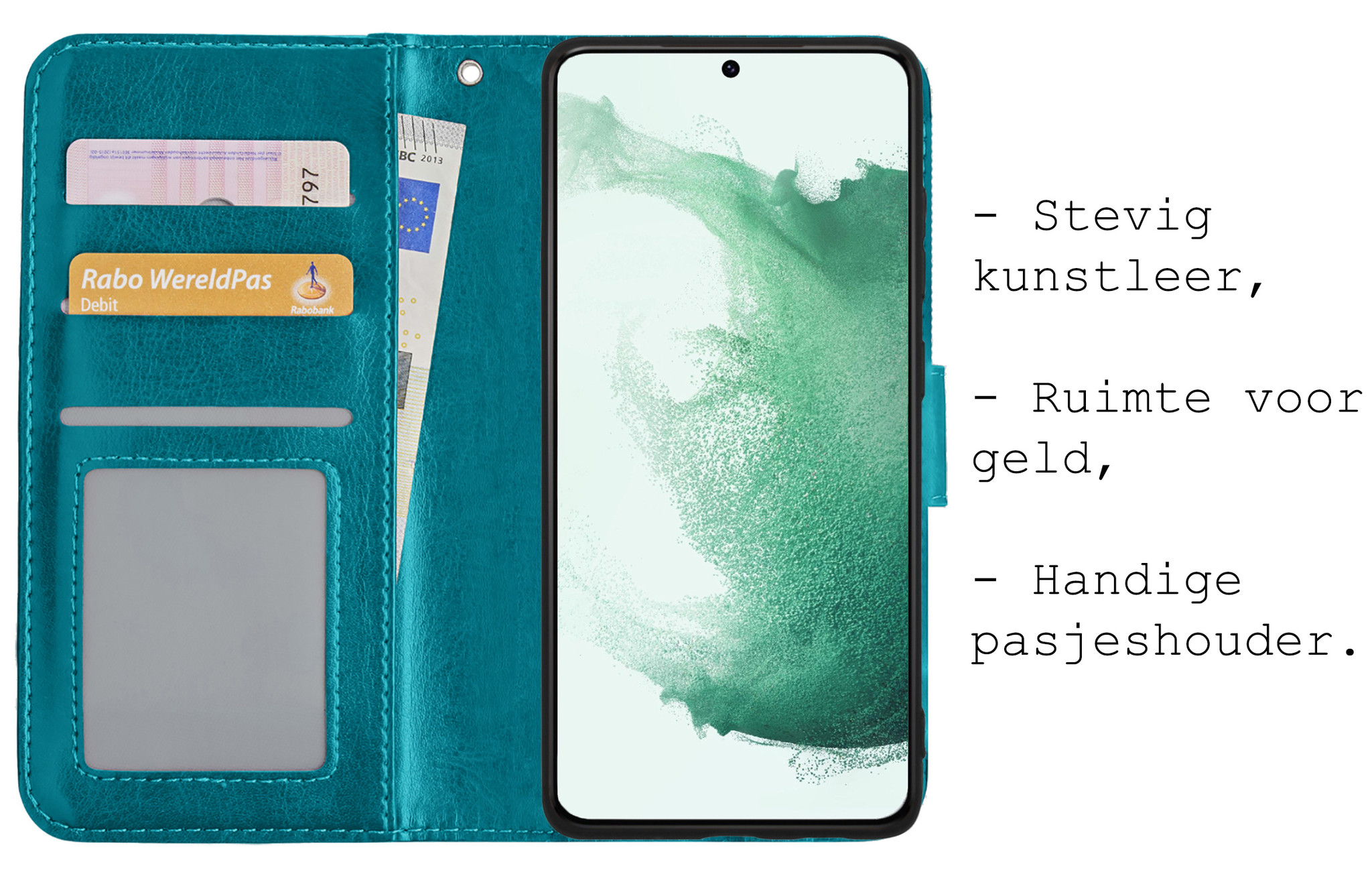 BASEY. Hoes Geschikt voor Samsung S22 Plus Hoesje Bookcase Hoes Flip Case Book Cover - Hoesje Geschikt voor Samsung Galaxy S22 Plus Hoes Book Case Hoesje - Turquoise