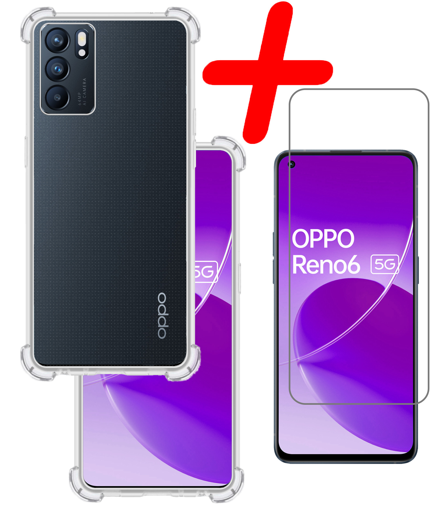 BASEY. Hoes Geschikt voor OPPO Reno 6 Hoesje Shock Proof Case Hoes Siliconen Met Screenprotector - Hoesje Geschikt voor OPPO Reno 6 Hoes Cover Shockproof - Transparant