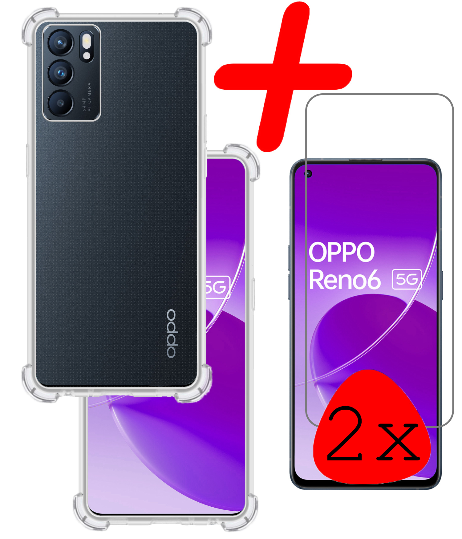 BASEY. Hoes Geschikt voor OPPO Reno 6 Hoesje Shock Proof Case Hoes Siliconen Met 2x Screenprotector - Hoesje Geschikt voor OPPO Reno 6 Hoes Cover Shockproof - Transparant