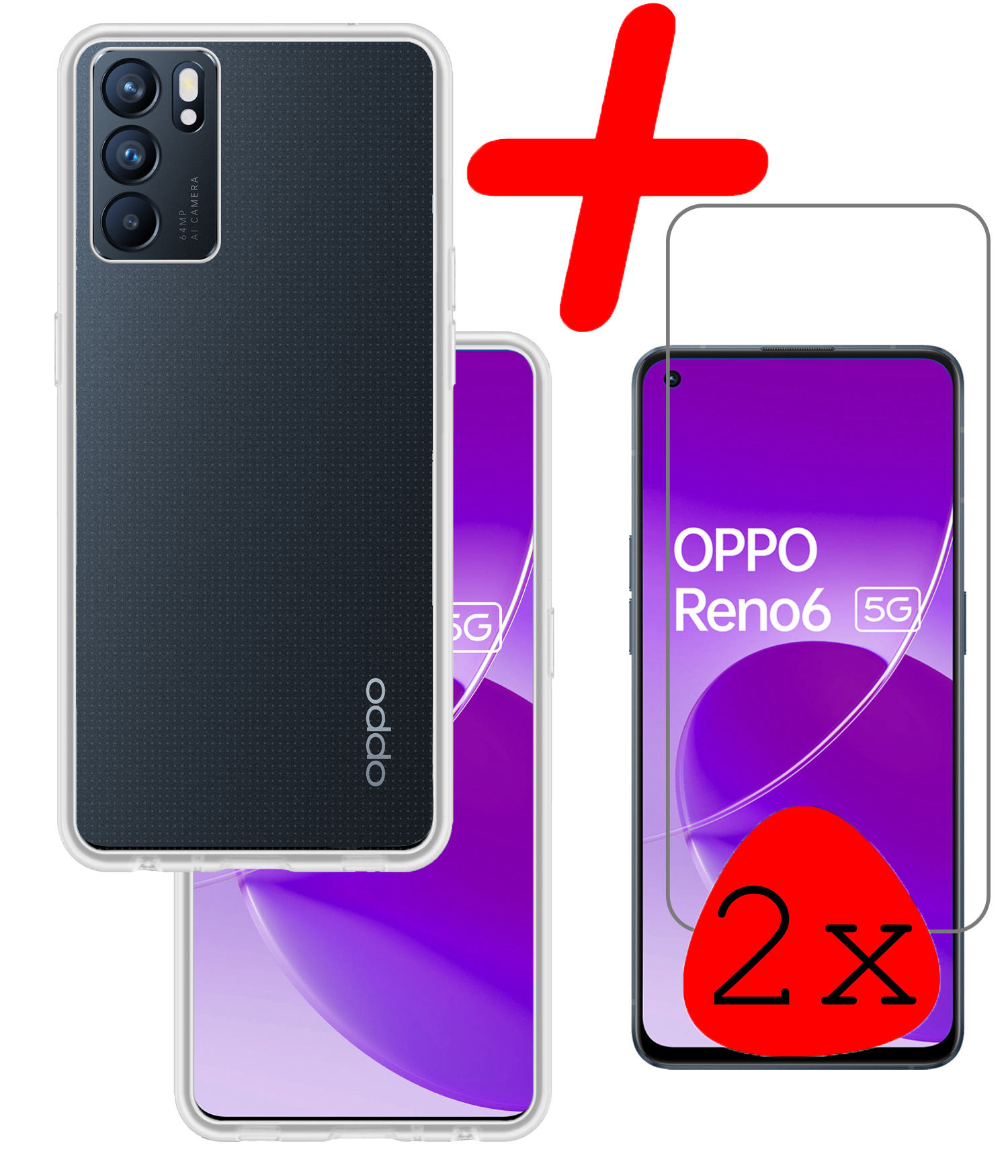 BASEY. Hoes Geschikt voor OPPO Reno 6 Hoesje Siliconen Back Cover Case Met 2x Screenprotector - Hoesje Geschikt voor OPPO Reno 6 Hoes Cover Hoesje - Transparant