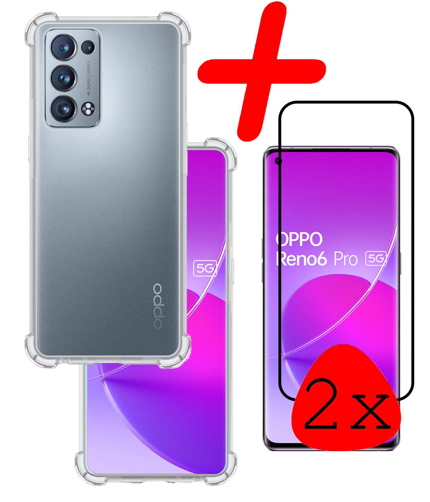 BASEY. Hoes Geschikt voor OPPO Reno 6 Pro Hoesje Shock Proof Case Hoes Siliconen Met 2x Screenprotector - Hoesje Geschikt voor OPPO Reno 6 Pro Hoes Cover Shockproof - Transparant