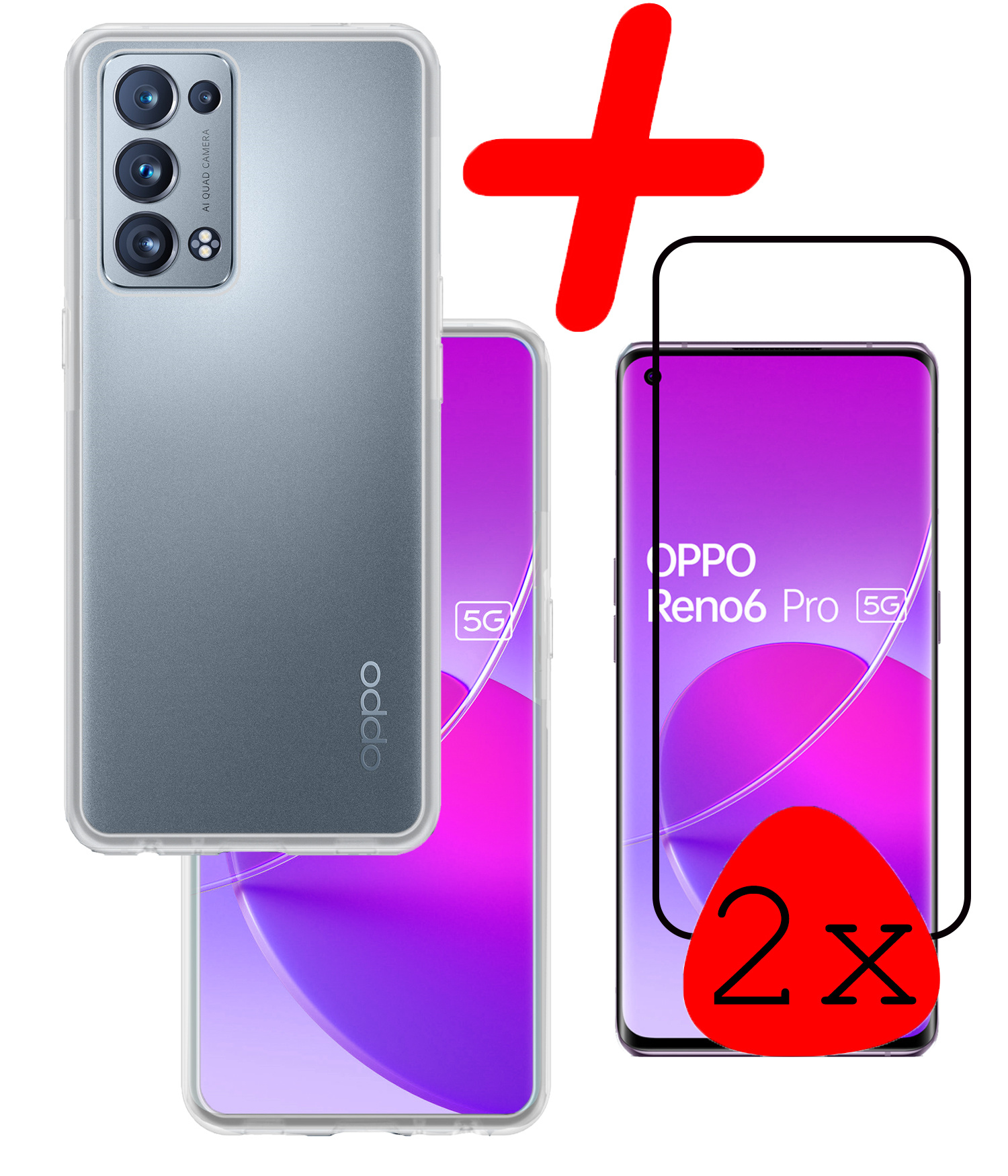 BASEY. Hoes Geschikt voor OPPO Reno 6 Pro Hoesje Siliconen Back Cover Case Met 2x Screenprotector - Hoesje Geschikt voor OPPO Reno 6 Pro Hoes Cover Hoesje - Transparant