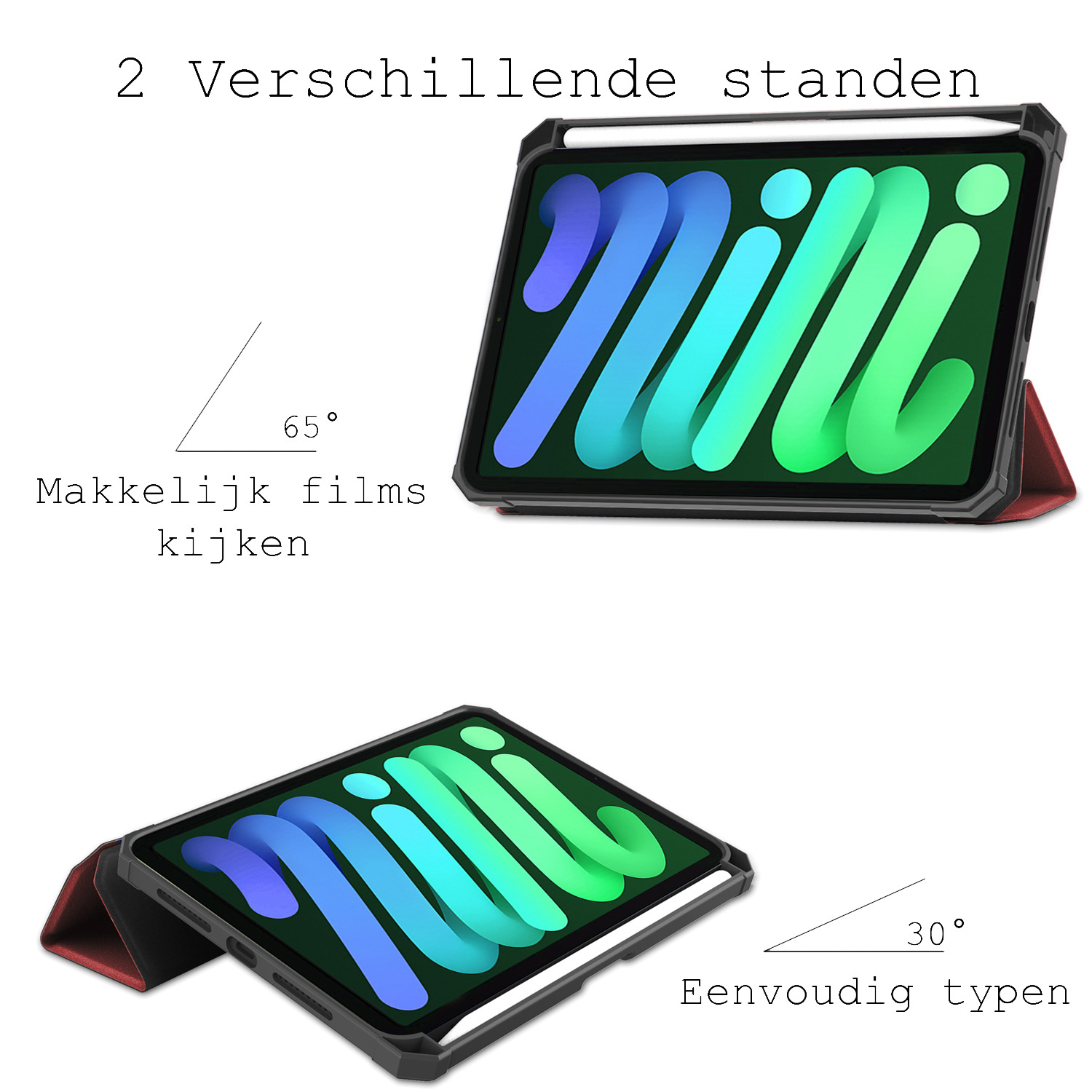 BASEY. Hoesje Geschikt voor iPad Mini 6 Hoes Case Tablet Hoesje Tri-fold Met Uitsparing Geschikt voor Apple Pencil Met Screenprotector - Hoes Geschikt voor iPad Mini 6 Hoesje Hard Cover Bookcase Hoes - Donkerrood