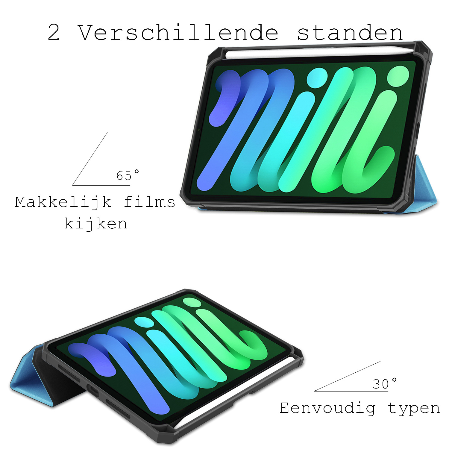 BASEY. Hoesje Geschikt voor iPad Mini 6 Hoes Case Tablet Hoesje Tri-fold Met Uitsparing Geschikt voor Apple Pencil Met Screenprotector - Hoes Geschikt voor iPad Mini 6 Hoesje Hard Cover Bookcase Hoes - Lichtblauw