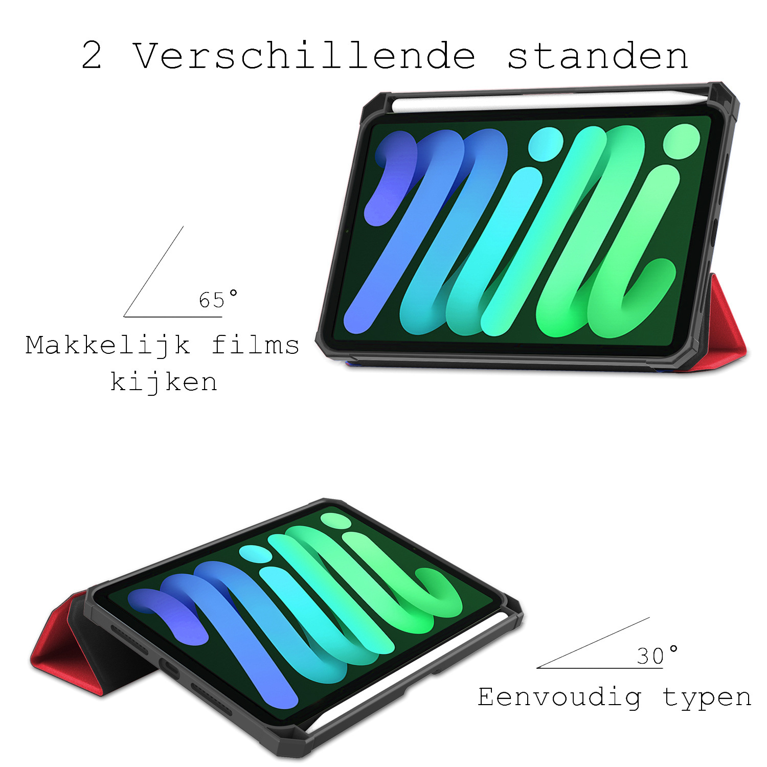 BASEY. Hoesje Geschikt voor iPad Mini 6 Hoes Case Tablet Hoesje Tri-fold Met Uitsparing Geschikt voor Apple Pencil Met Screenprotector - Hoes Geschikt voor iPad Mini 6 Hoesje Hard Cover Bookcase Hoes - Rood