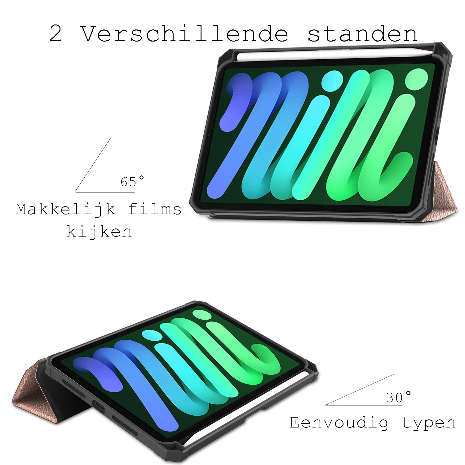 BASEY. Hoesje Geschikt voor iPad Mini 6 Hoes Case Tablet Hoesje Tri-fold Met Uitsparing Geschikt voor Apple Pencil Met Screenprotector - Hoes Geschikt voor iPad Mini 6 Hoesje Hard Cover Bookcase Hoes - Rosé goud