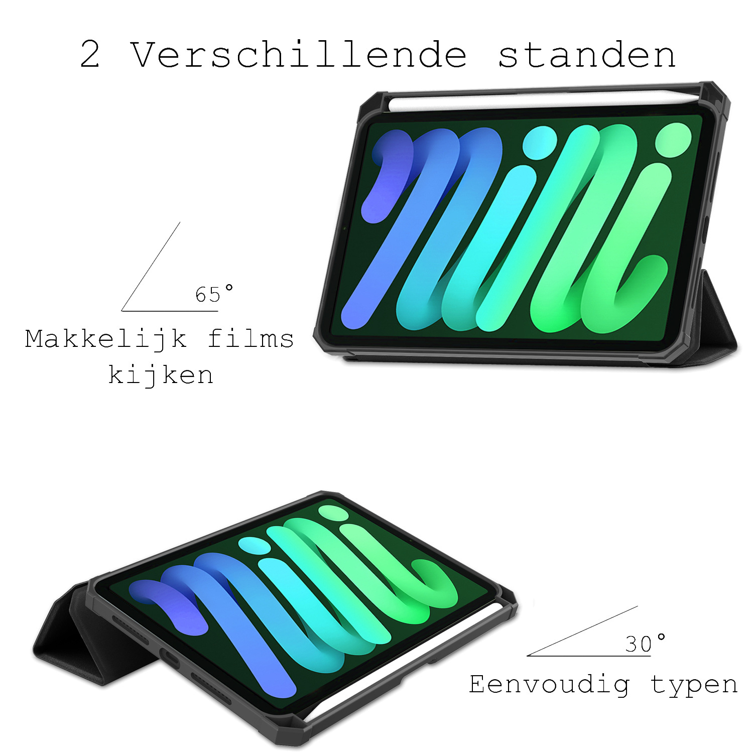 BASEY. Hoesje Geschikt voor iPad Mini 6 Hoes Case Tablet Hoesje Tri-fold Met Uitsparing Geschikt voor Apple Pencil Met Screenprotector - Hoes Geschikt voor iPad Mini 6 Hoesje Hard Cover Bookcase Hoes - Zwart