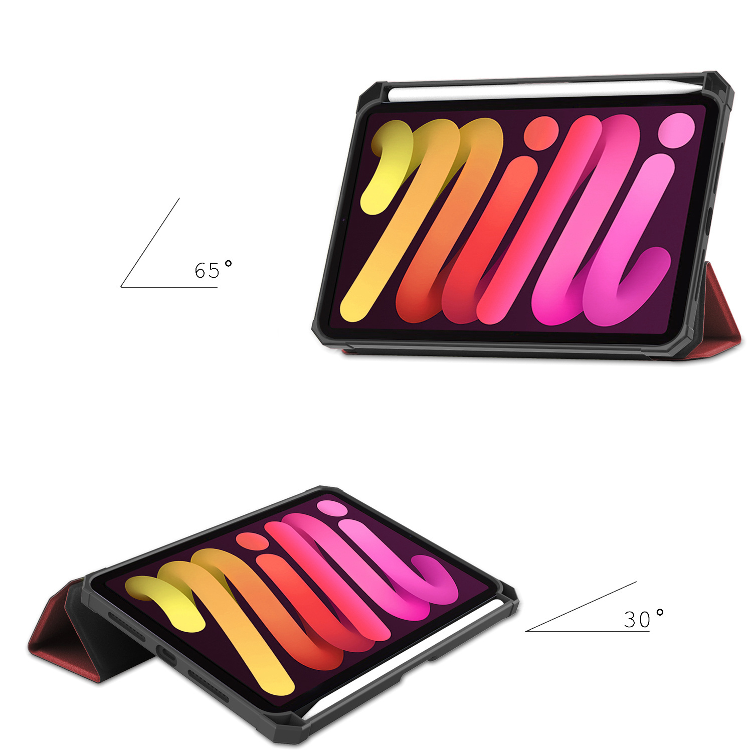 Nomfy Hoes Geschikt voor iPad Mini 6 Hoes Tri-fold Tablet Hoesje Case Met Uitsparing Geschikt voor Apple Pencil Met Screenprotector - Hoesje Geschikt voor iPad Mini 6 Hoesje Hardcover Bookcase - Donkerrood