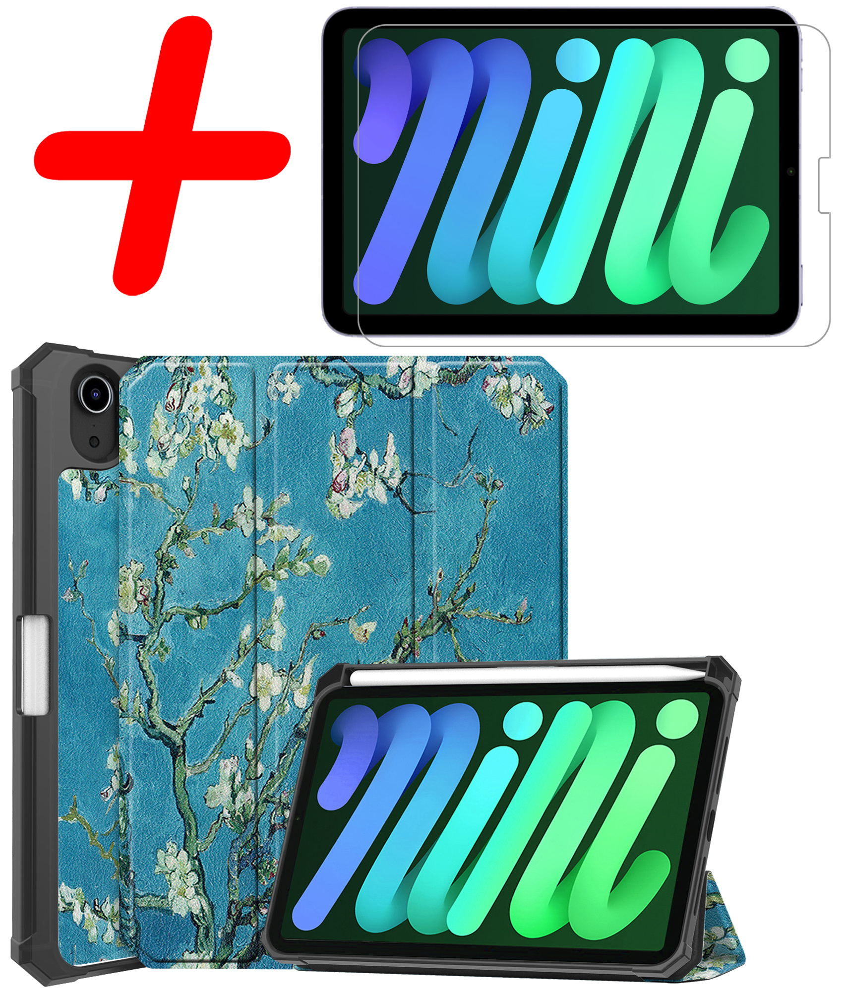 BASEY. Hoesje Geschikt voor iPad Mini 6 Hoes Case Tablet Hoesje Tri-fold Met Uitsparing Geschikt voor Apple Pencil Met Screenprotector - Hoes Geschikt voor iPad Mini 6 Hoesje Hard Cover Bookcase Hoes - Bloesem