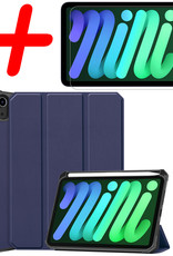 BASEY. Hoesje Geschikt voor iPad Mini 6 Hoes Case Tablet Hoesje Tri-fold Met Uitsparing Geschikt voor Apple Pencil Met Screenprotector - Hoes Geschikt voor iPad Mini 6 Hoesje Hard Cover Bookcase Hoes - Donkerblauw