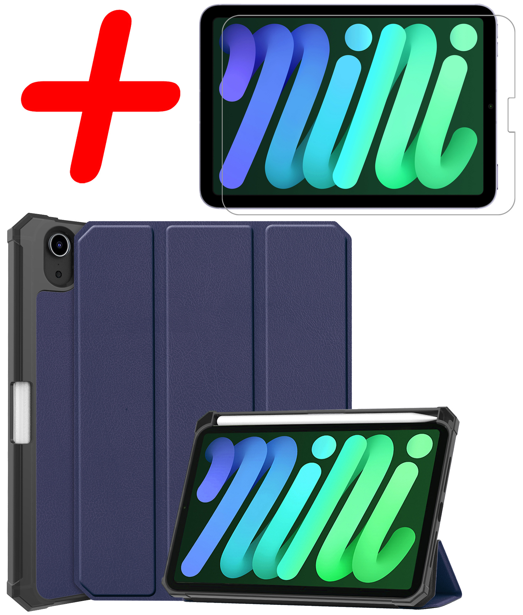 BASEY. Hoesje Geschikt voor iPad Mini 6 Hoes Case Tablet Hoesje Tri-fold Met Uitsparing Geschikt voor Apple Pencil Met Screenprotector - Hoes Geschikt voor iPad Mini 6 Hoesje Hard Cover Bookcase Hoes - Donkerblauw