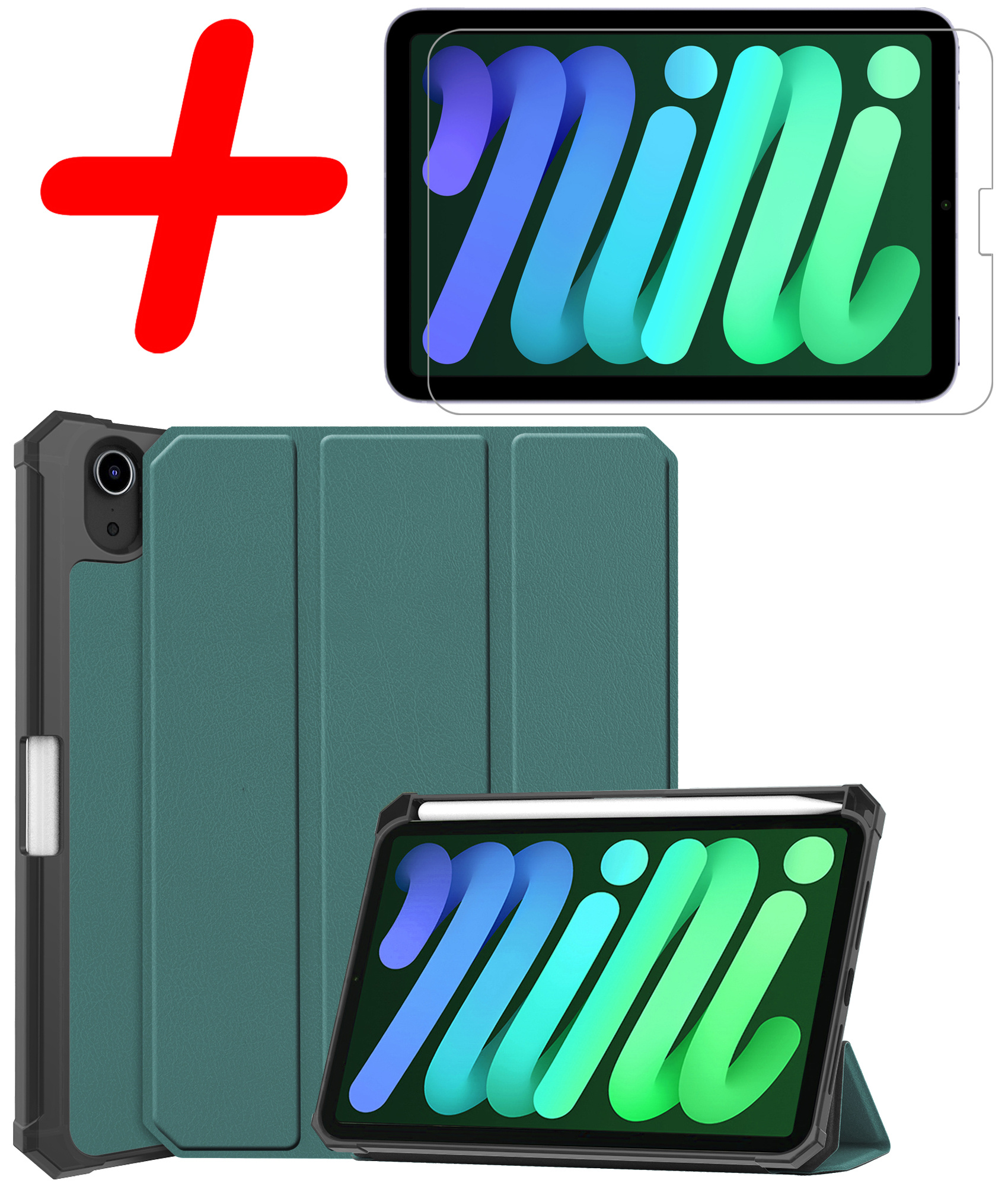 BASEY. Hoesje Geschikt voor iPad Mini 6 Hoes Case Tablet Hoesje Tri-fold Met Uitsparing Geschikt voor Apple Pencil Met Screenprotector - Hoes Geschikt voor iPad Mini 6 Hoesje Hard Cover Bookcase Hoes - Donkergroen