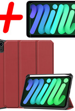 BASEY. Hoesje Geschikt voor iPad Mini 6 Hoes Case Tablet Hoesje Tri-fold Met Uitsparing Geschikt voor Apple Pencil Met Screenprotector - Hoes Geschikt voor iPad Mini 6 Hoesje Hard Cover Bookcase Hoes - Donkerrood