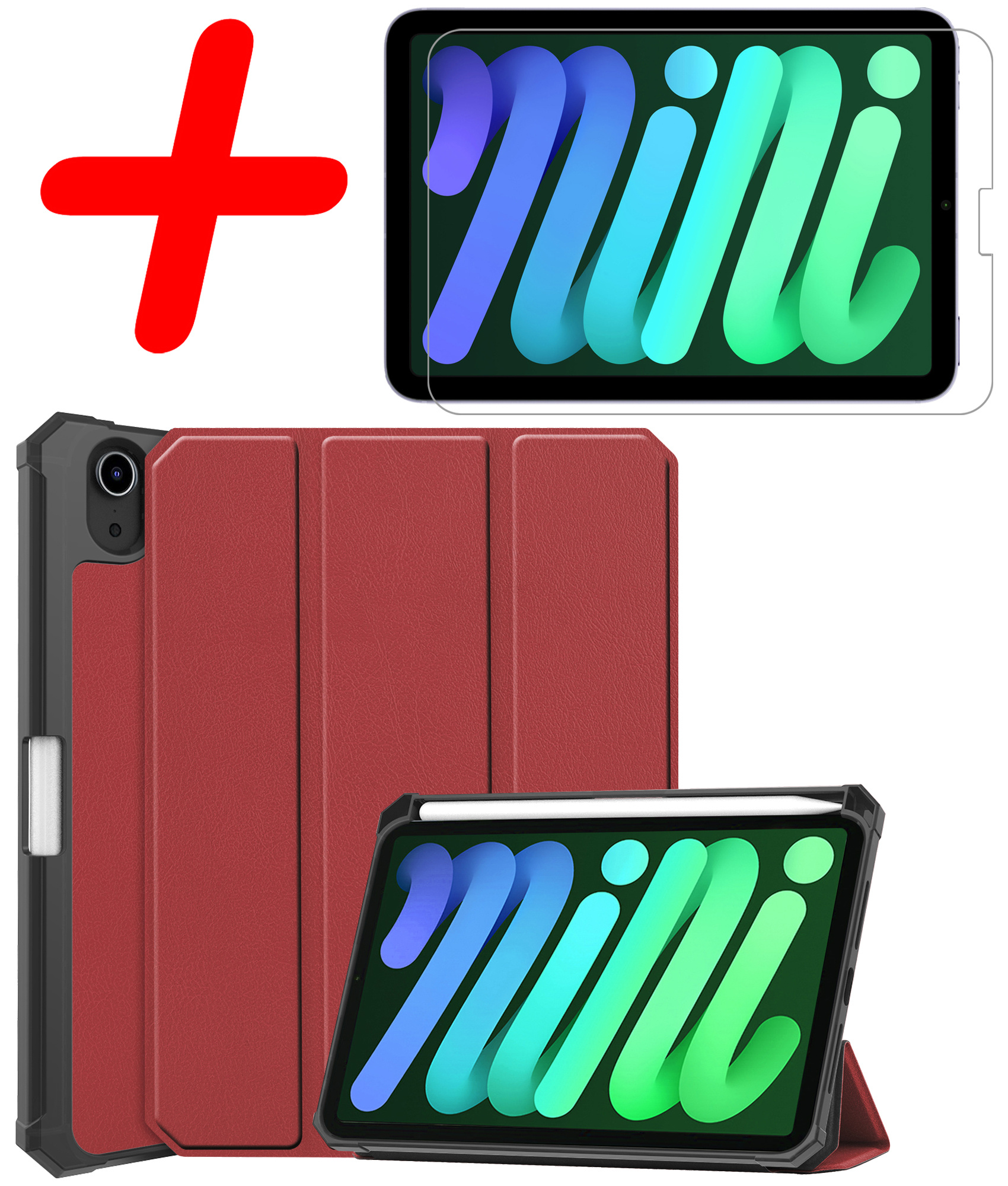 BASEY. Hoesje Geschikt voor iPad Mini 6 Hoes Case Tablet Hoesje Tri-fold Met Uitsparing Geschikt voor Apple Pencil Met Screenprotector - Hoes Geschikt voor iPad Mini 6 Hoesje Hard Cover Bookcase Hoes - Donkerrood