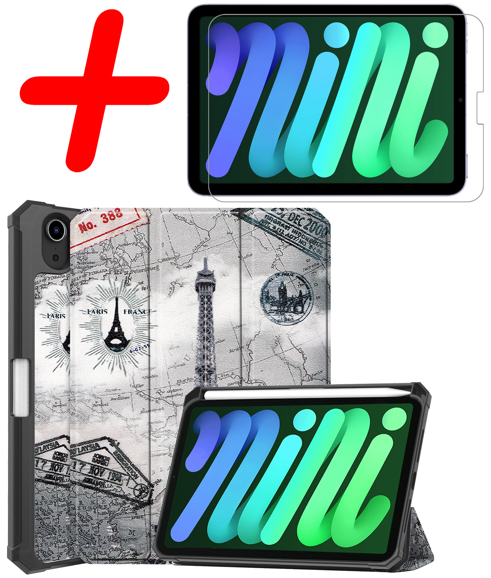 BASEY. Hoesje Geschikt voor iPad Mini 6 Hoes Case Tablet Hoesje Tri-fold Met Uitsparing Geschikt voor Apple Pencil Met Screenprotector - Hoes Geschikt voor iPad Mini 6 Hoesje Hard Cover Bookcase Hoes - Eiffeltoren