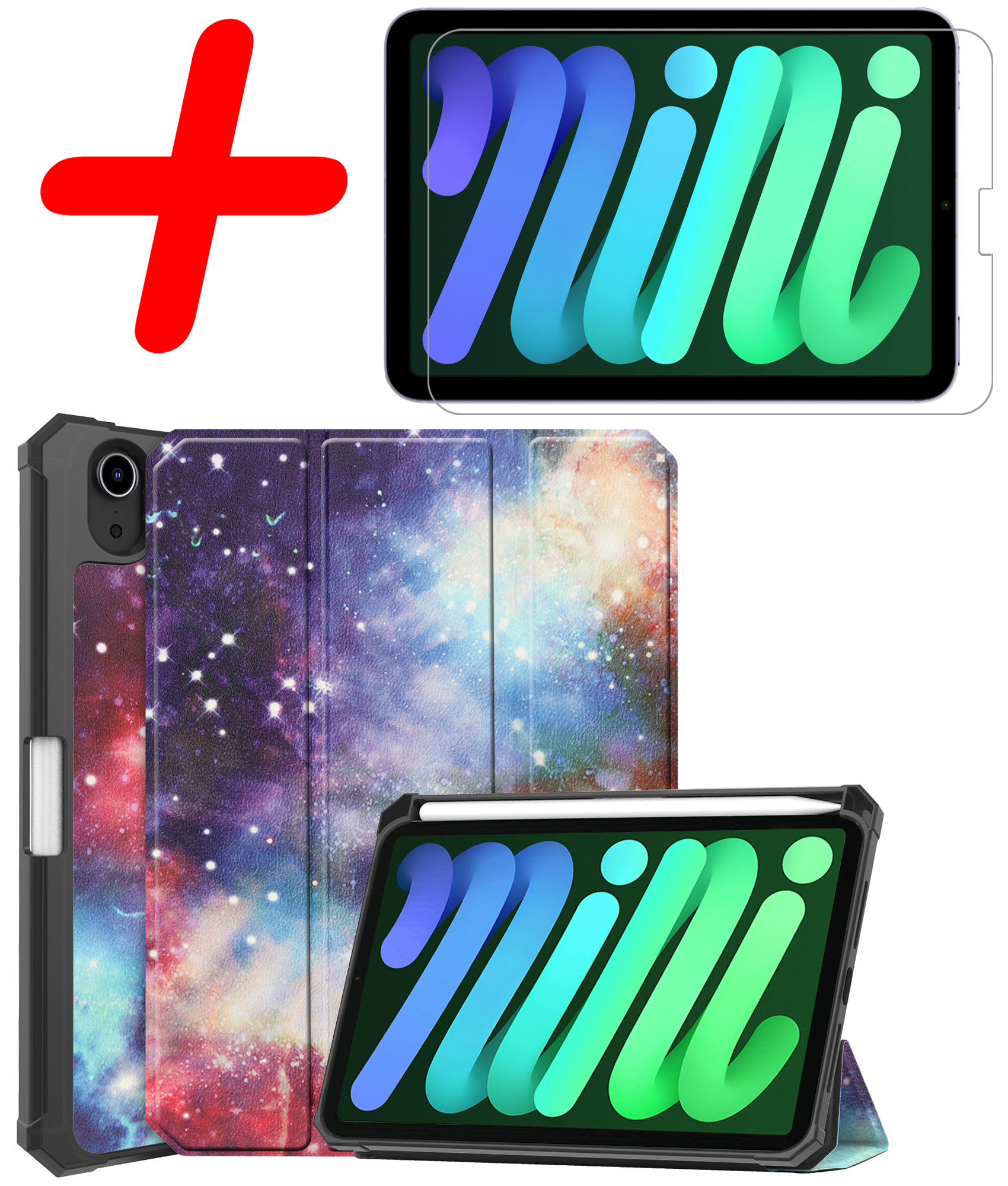 BASEY. Hoesje Geschikt voor iPad Mini 6 Hoes Case Tablet Hoesje Tri-fold Met Uitsparing Geschikt voor Apple Pencil Met Screenprotector - Hoes Geschikt voor iPad Mini 6 Hoesje Hard Cover Bookcase Hoes - Galaxy