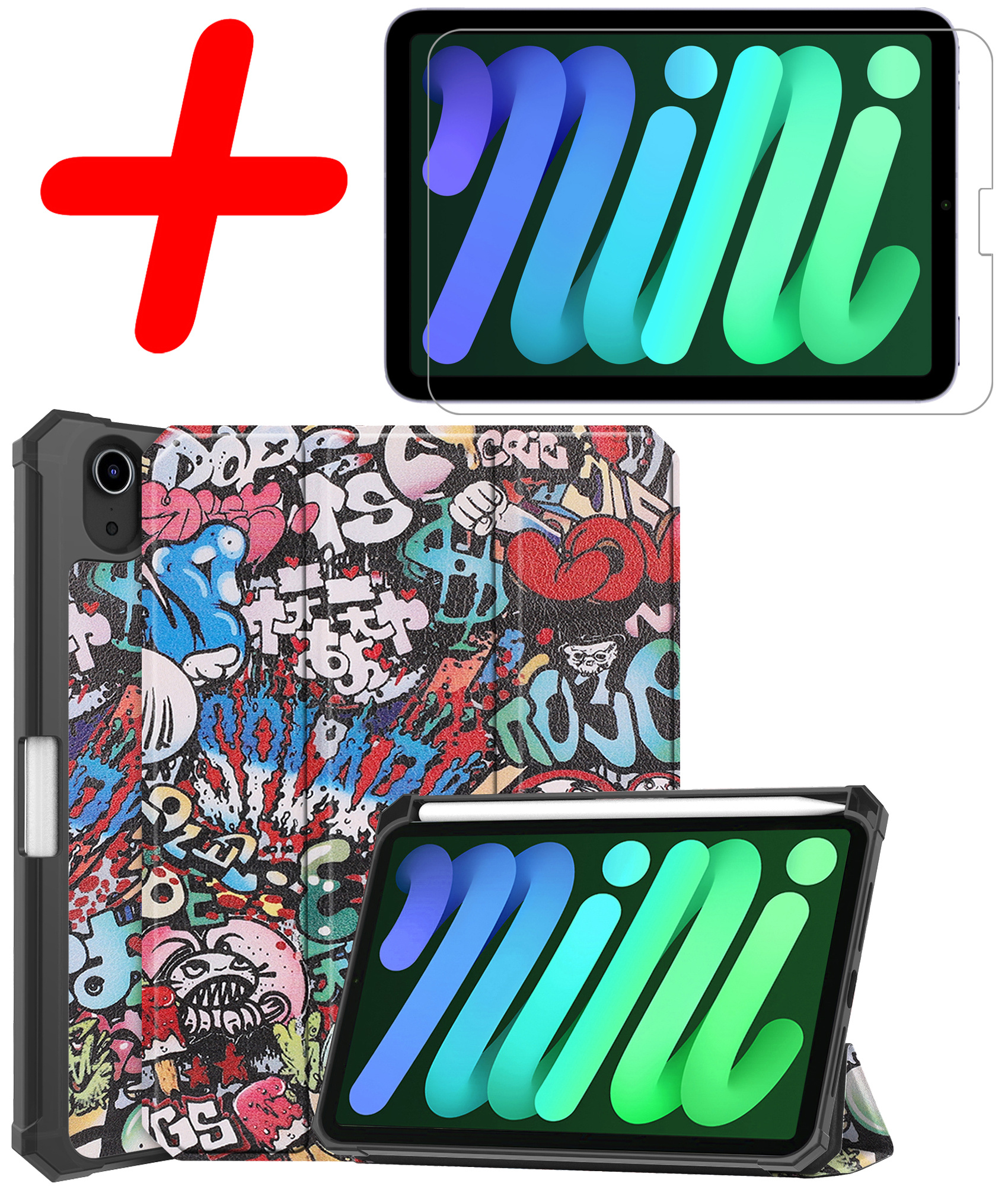 BASEY. Hoesje Geschikt voor iPad Mini 6 Hoes Case Tablet Hoesje Tri-fold Met Uitsparing Geschikt voor Apple Pencil Met Screenprotector - Hoes Geschikt voor iPad Mini 6 Hoesje Hard Cover Bookcase Hoes - Graffity