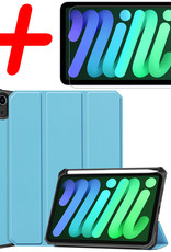 BASEY. Hoesje Geschikt voor iPad Mini 6 Hoes Case Tablet Hoesje Tri-fold Met Uitsparing Geschikt voor Apple Pencil Met Screenprotector - Hoes Geschikt voor iPad Mini 6 Hoesje Hard Cover Bookcase Hoes - Lichtblauw