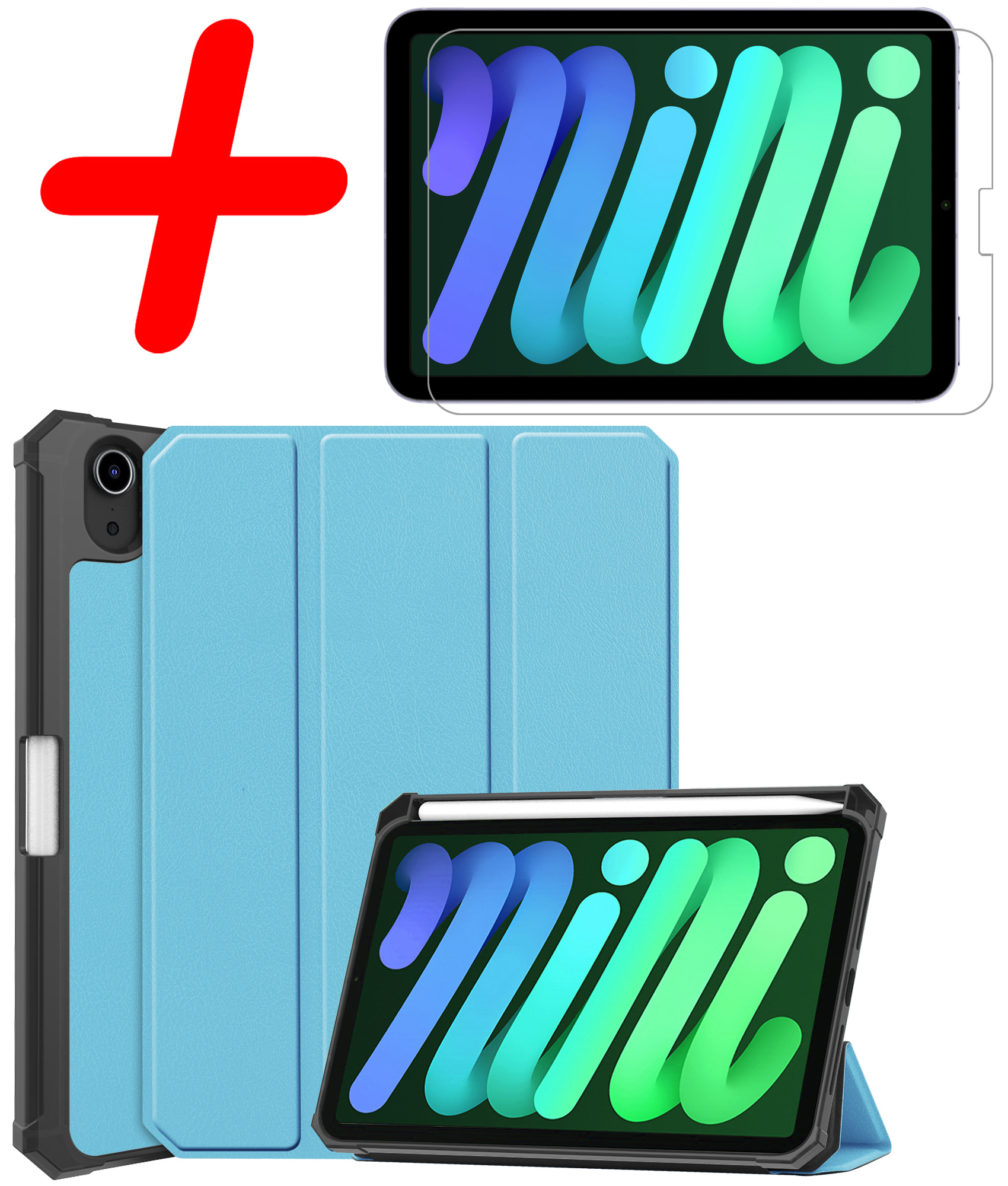 BASEY. Hoesje Geschikt voor iPad Mini 6 Hoes Case Tablet Hoesje Tri-fold Met Uitsparing Geschikt voor Apple Pencil Met Screenprotector - Hoes Geschikt voor iPad Mini 6 Hoesje Hard Cover Bookcase Hoes - Lichtblauw