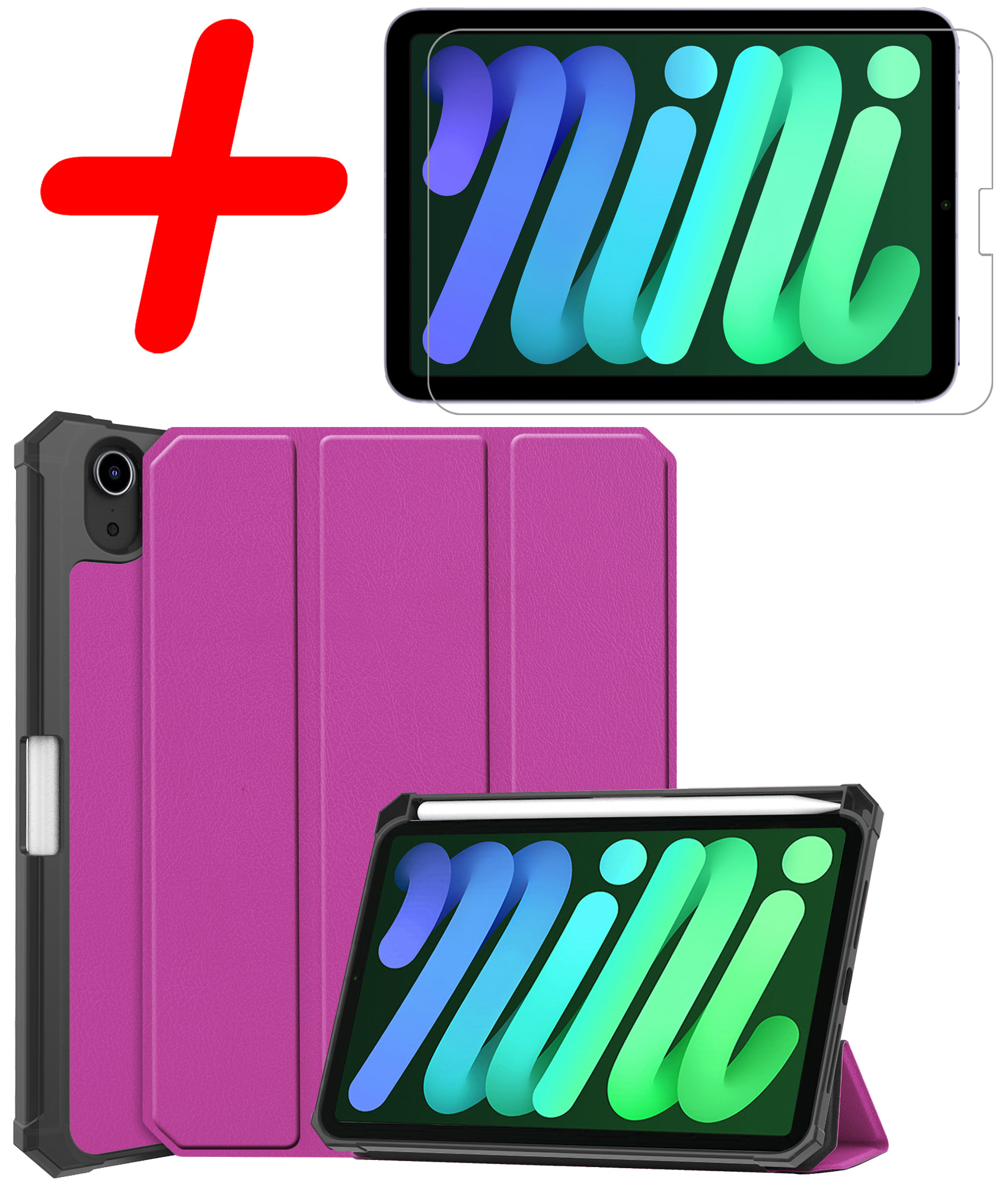 BASEY. Hoesje Geschikt voor iPad Mini 6 Hoes Case Tablet Hoesje Tri-fold Met Uitsparing Geschikt voor Apple Pencil Met Screenprotector - Hoes Geschikt voor iPad Mini 6 Hoesje Hard Cover Bookcase Hoes - Paars