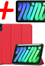 BASEY. Hoesje Geschikt voor iPad Mini 6 Hoes Case Tablet Hoesje Tri-fold Met Uitsparing Geschikt voor Apple Pencil Met Screenprotector - Hoes Geschikt voor iPad Mini 6 Hoesje Hard Cover Bookcase Hoes - Rood